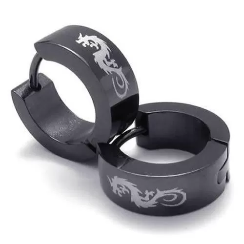 Men Unique Stainless Steel Dragon Huggie Hinged Hoop Earrings Set, 2pcs, Color Black