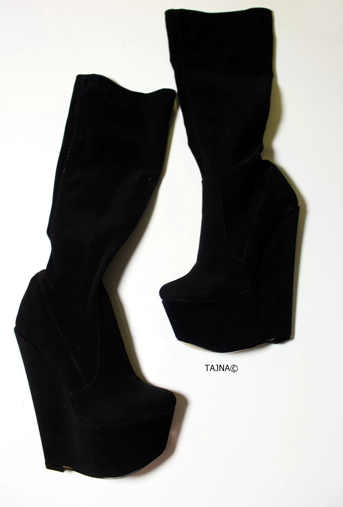 Mid Calf Black Strech Wedge Boots