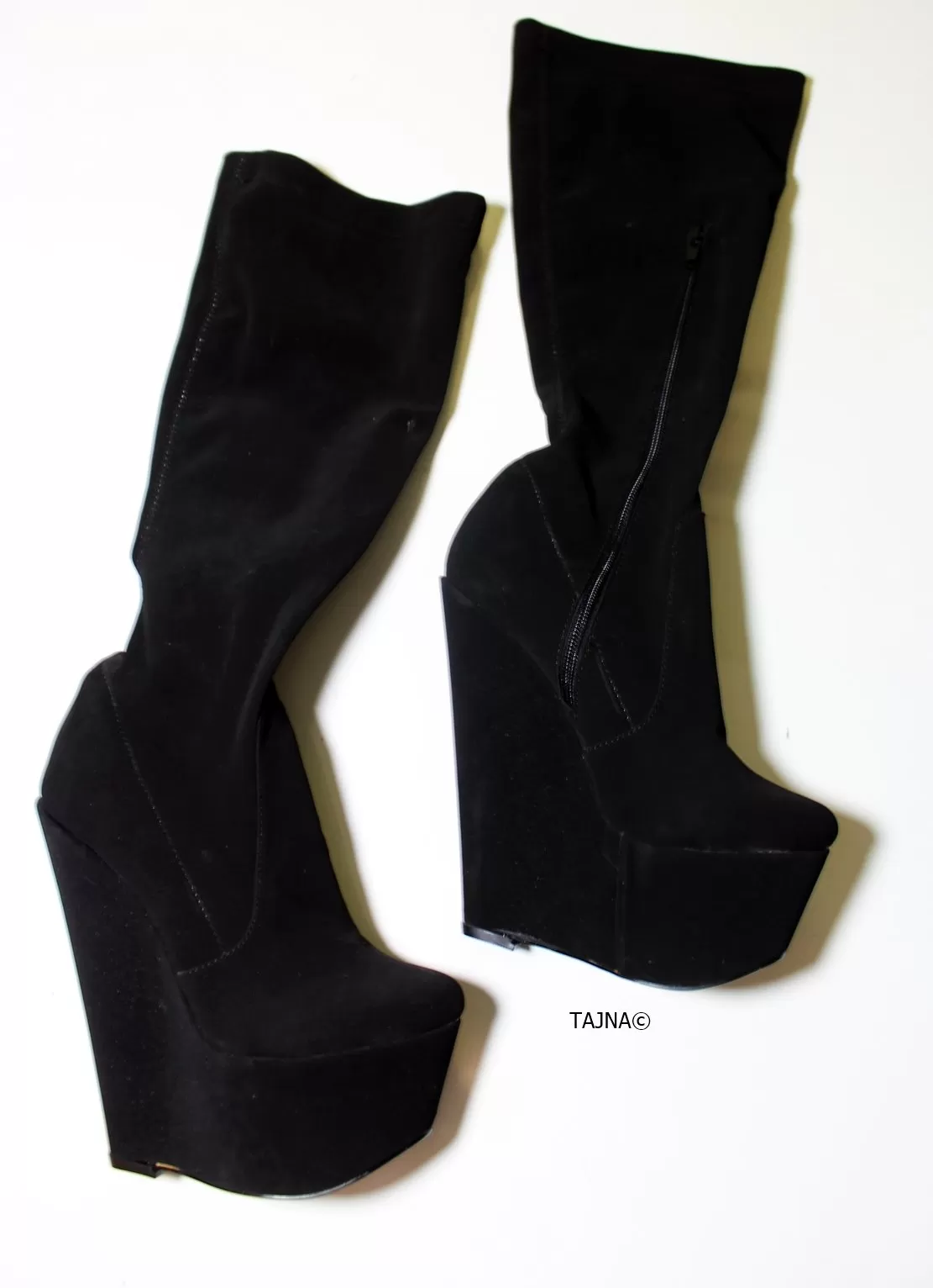 Mid Calf Black Strech Wedge Boots