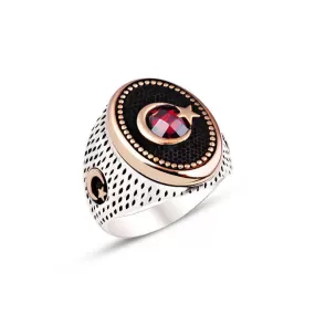 Moon and Star Around Facet Cut Red Zircon Stone Ellipse Silver Men’s Ring Siding Teardrop Pattern and Moon and Star