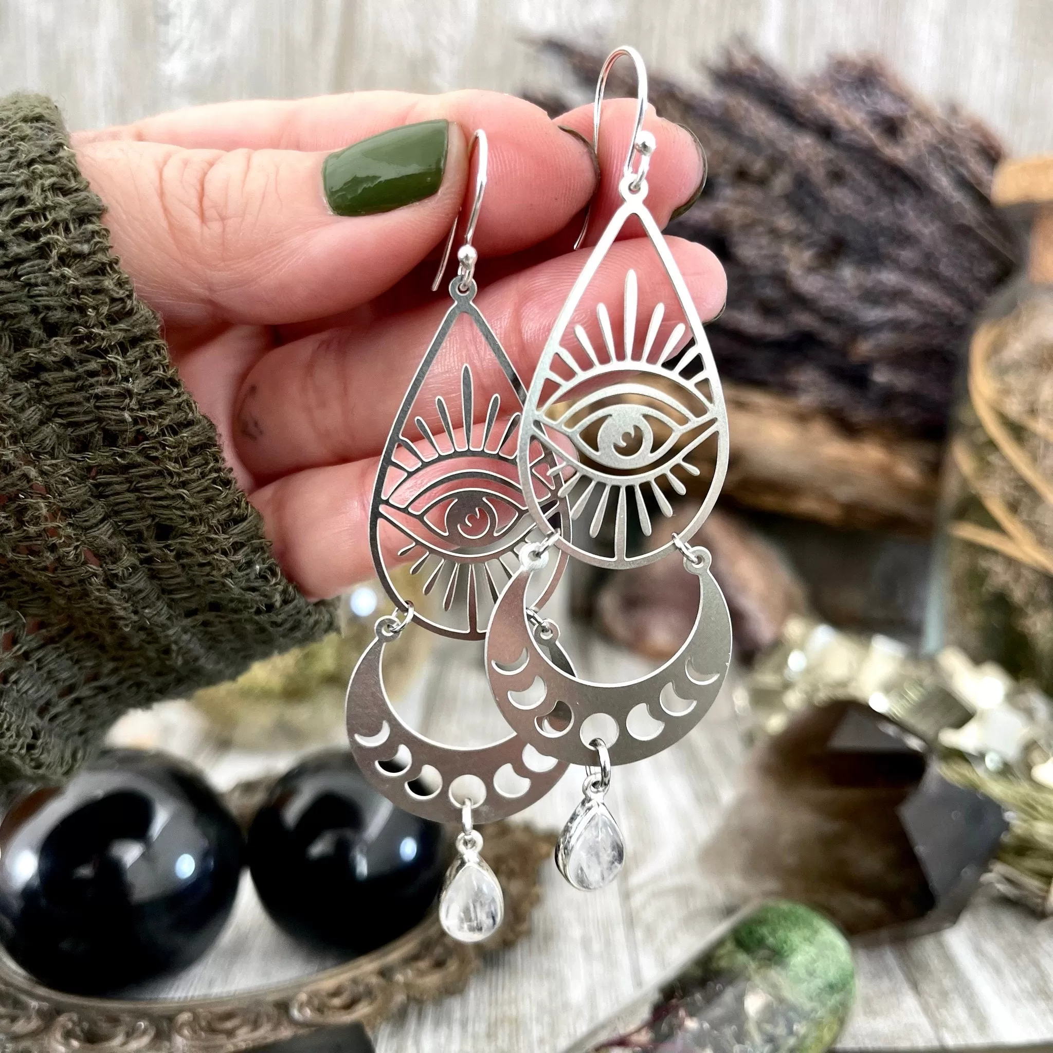 Moon Phases and Eye with Rainbow Moonstone Earrings Sterling Silver & Stainless Steel Earrings /  Moon Earrings  - Dangly Geometric Earrings