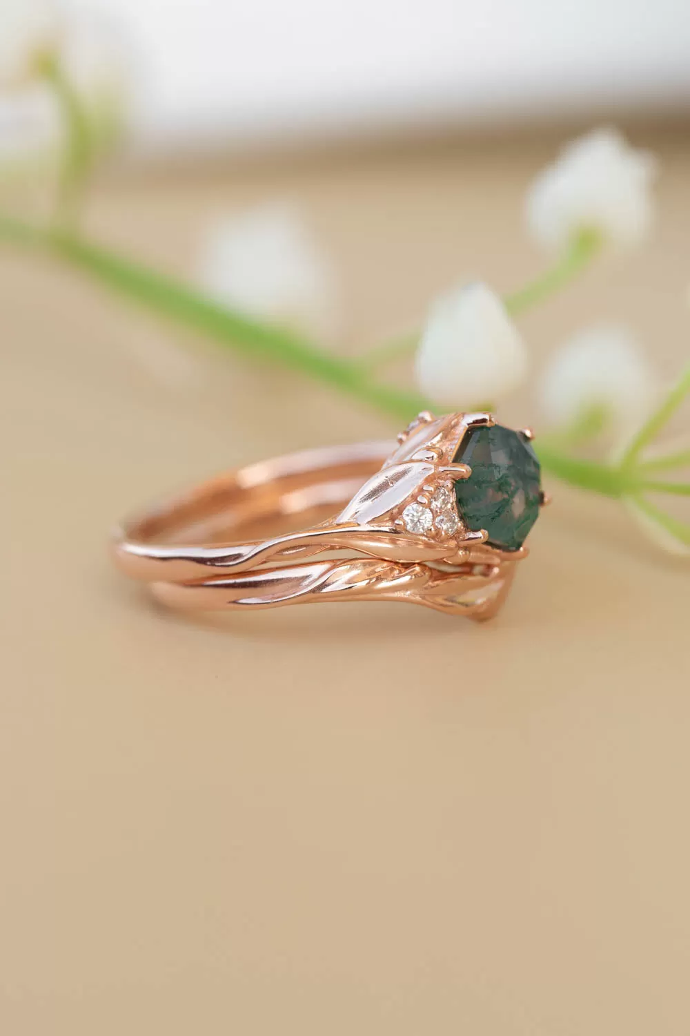 Moss agate bridal ring set, nature inspired engagement ring set with diamonds / Roma