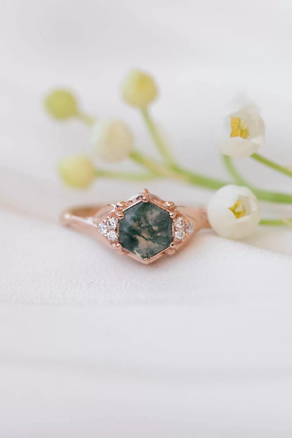 Moss agate bridal ring set, nature inspired engagement ring set with diamonds / Roma