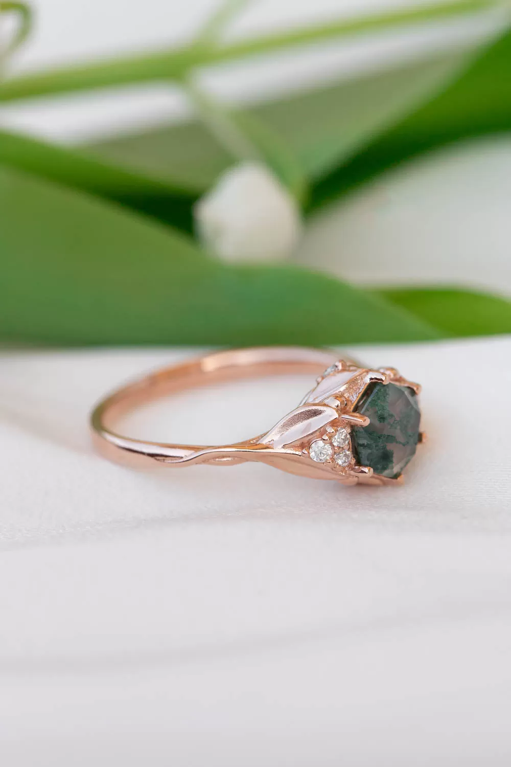 Moss agate bridal ring set, nature inspired engagement ring set with diamonds / Roma