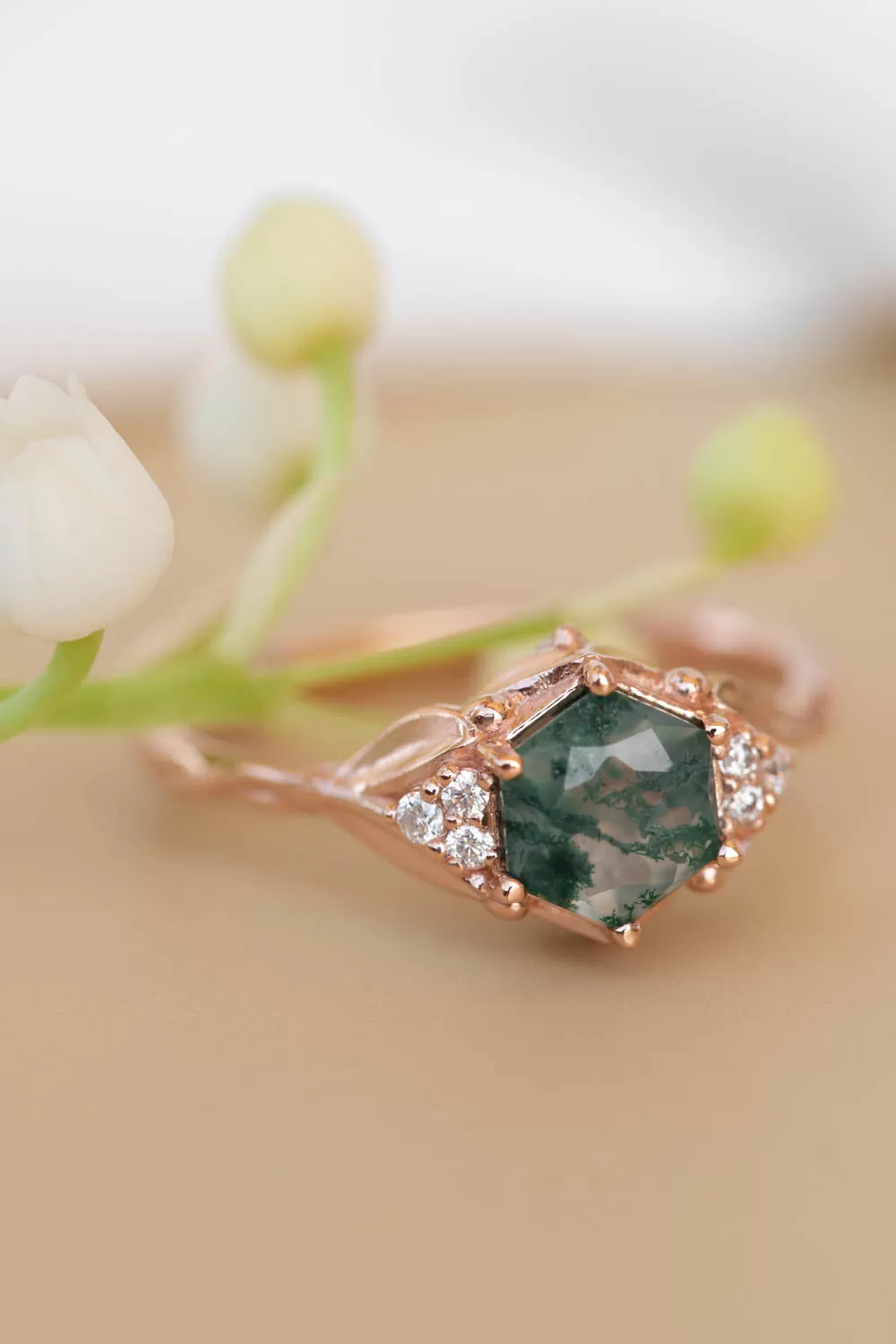 Moss agate bridal ring set, nature inspired engagement ring set with diamonds / Roma