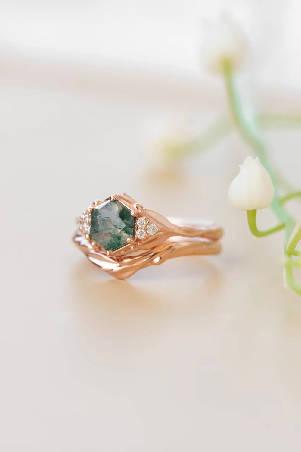 Moss agate bridal ring set, nature inspired engagement ring set with diamonds / Roma