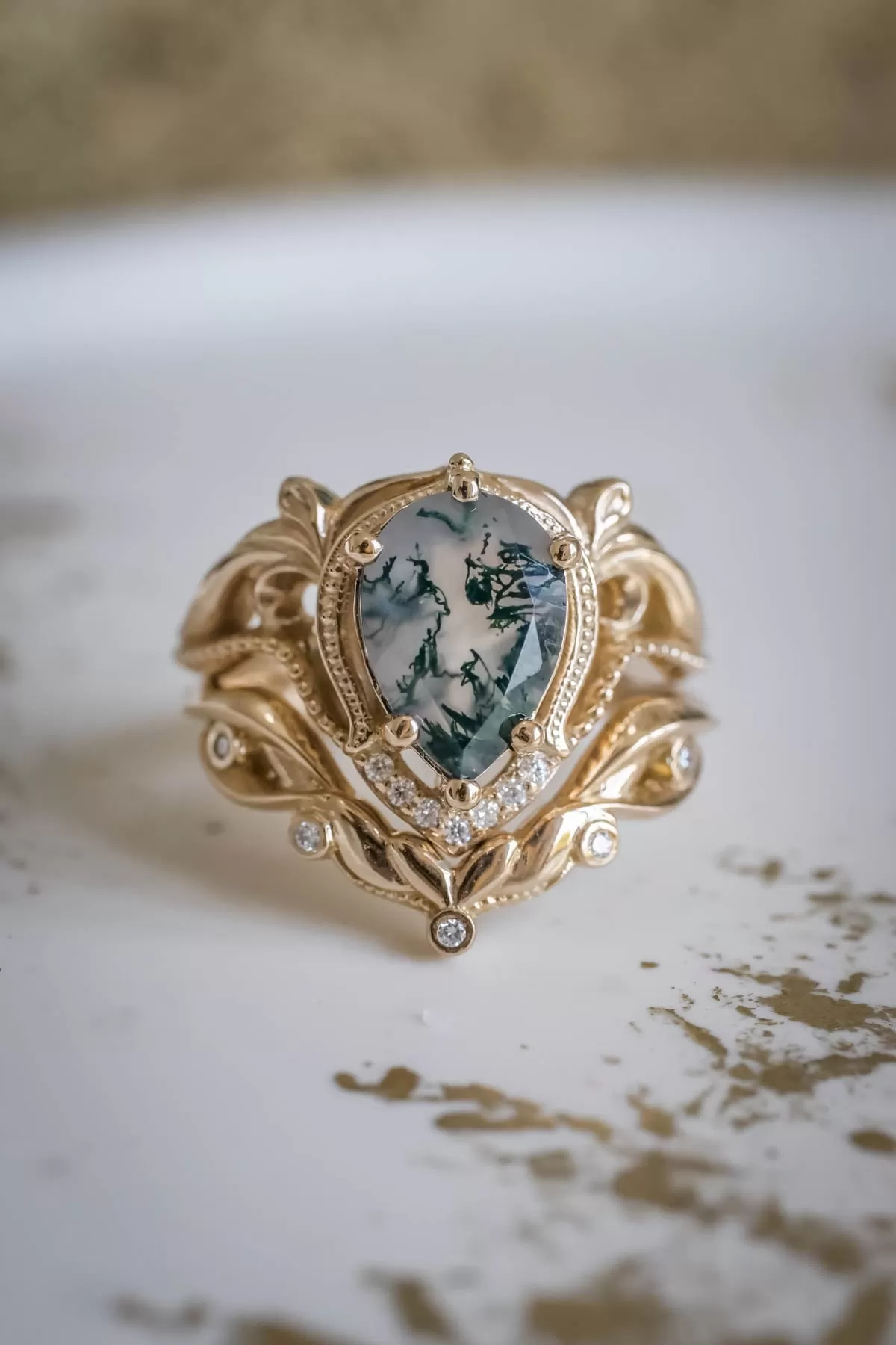 Moss agate engagement and wedding ring set / Lida