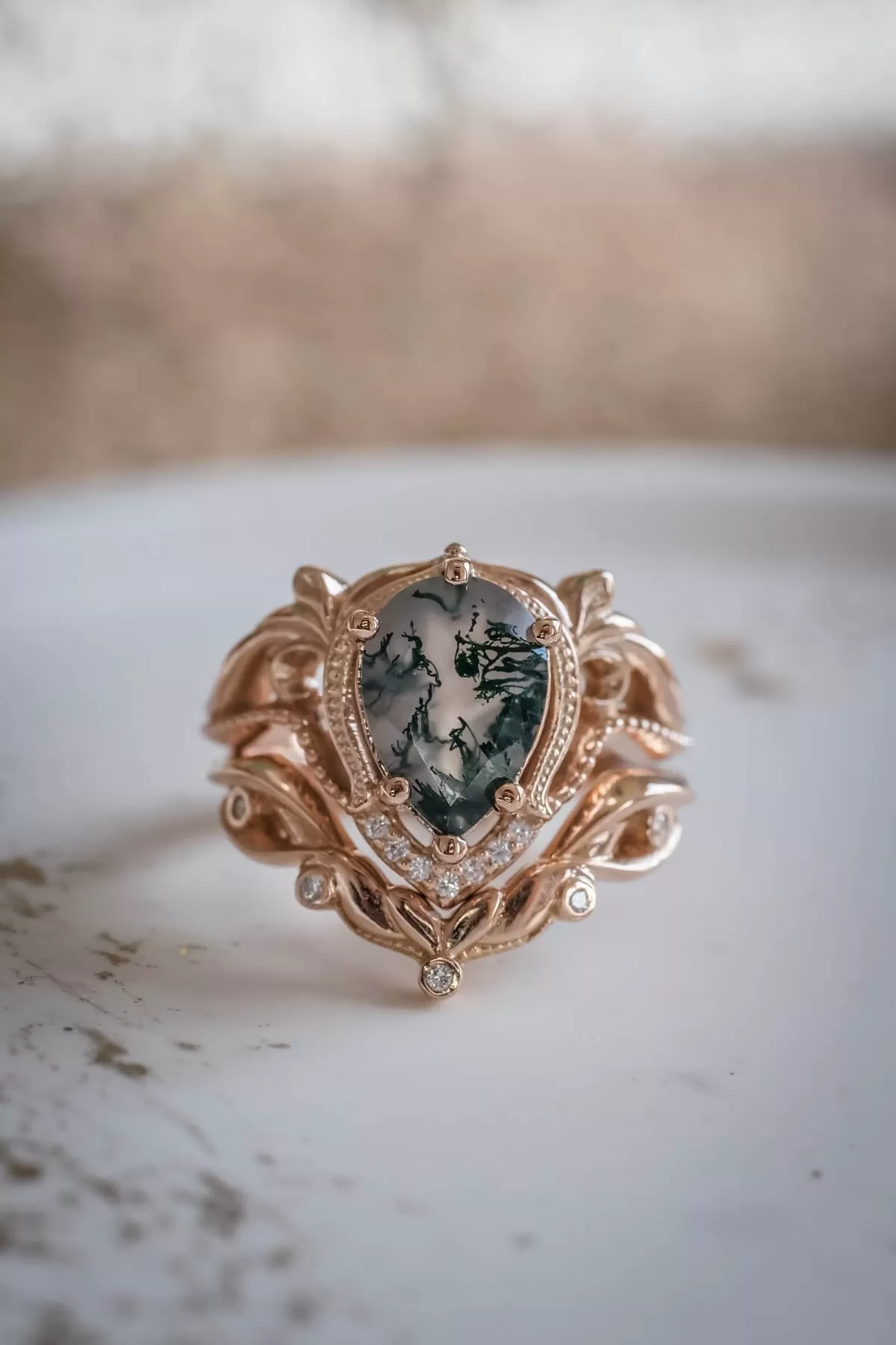 Moss agate engagement and wedding ring set / Lida