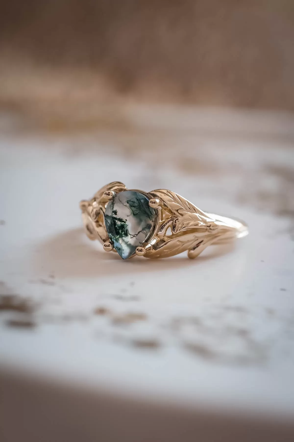 Moss agate gold ring, leaves engagement ring / Wisteria