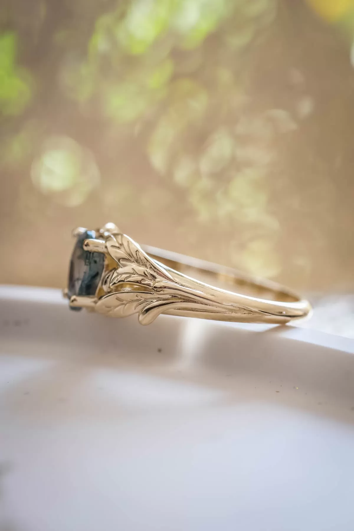 Moss agate gold ring, leaves engagement ring / Wisteria