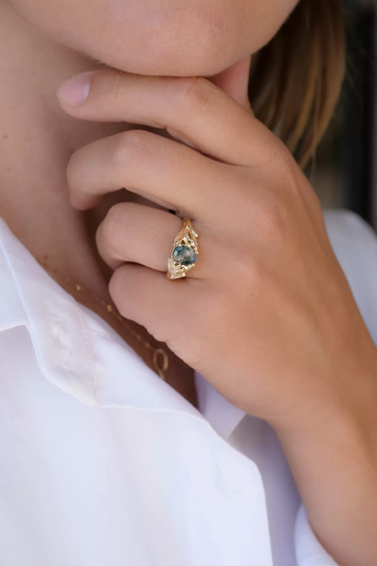 Moss agate gold ring, leaves engagement ring / Wisteria