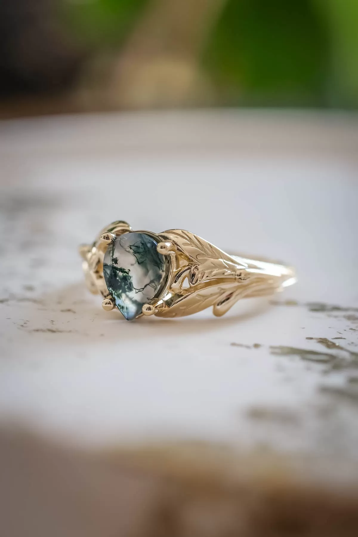 Moss agate gold ring, leaves engagement ring / Wisteria