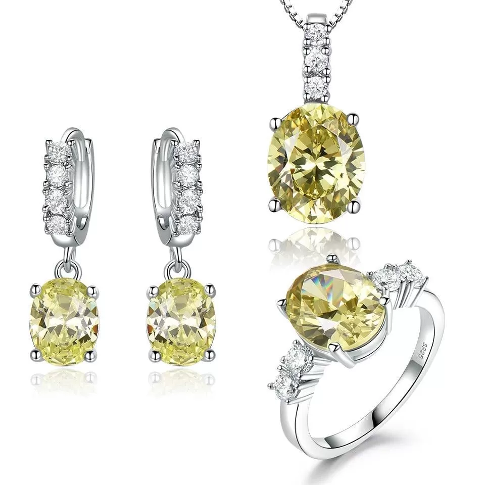 Nano Citrine Gemstone and Cubic Zirconia 925 Sterling Silver Pendant, Earrings & Ring Wedding Jewelry Set