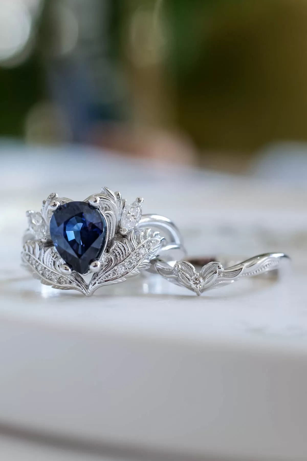 Natural blue sapphire bridal ring set, ornate engagement and wedding rings set / Adonis