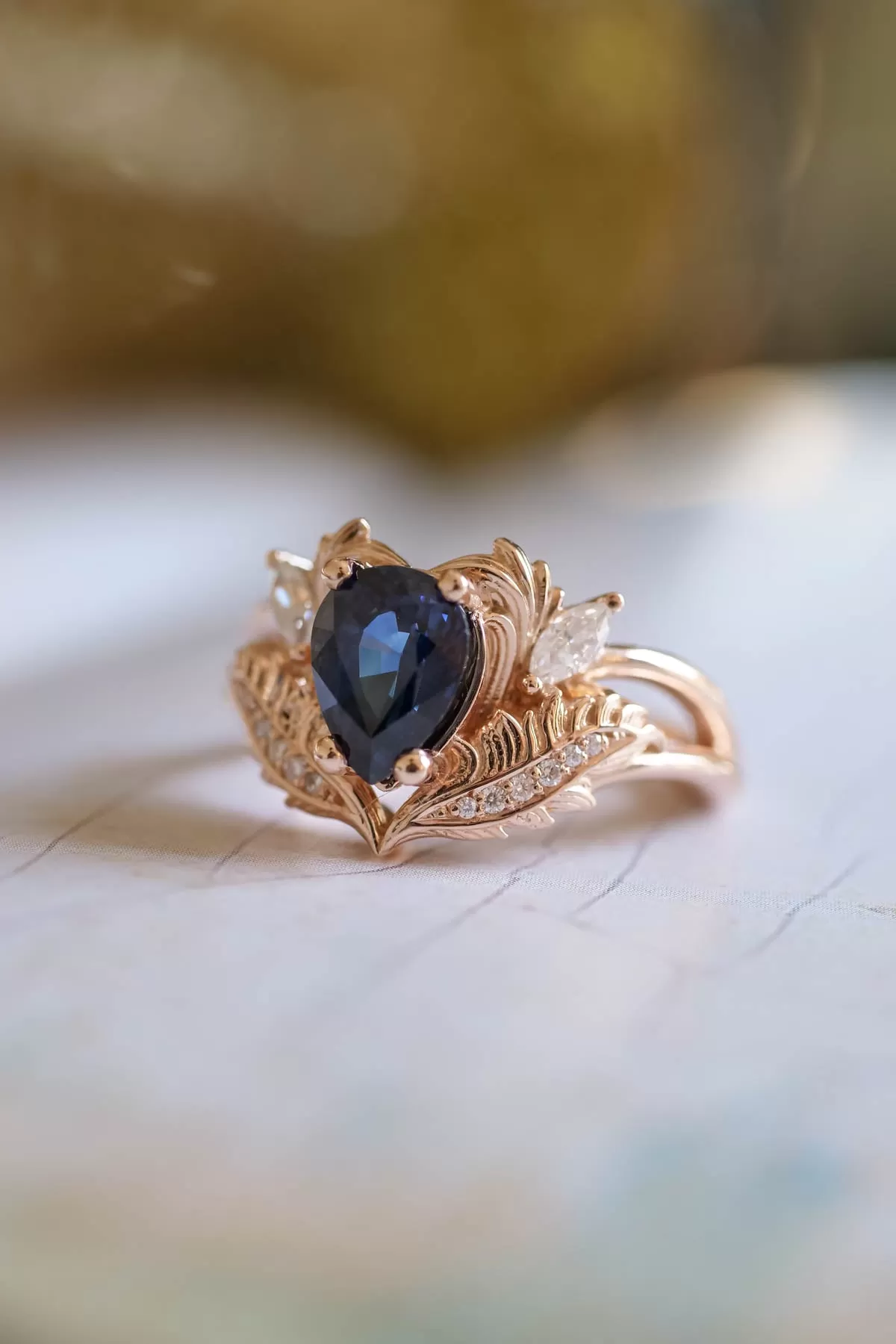 Natural blue sapphire bridal ring set, ornate engagement and wedding rings set / Adonis