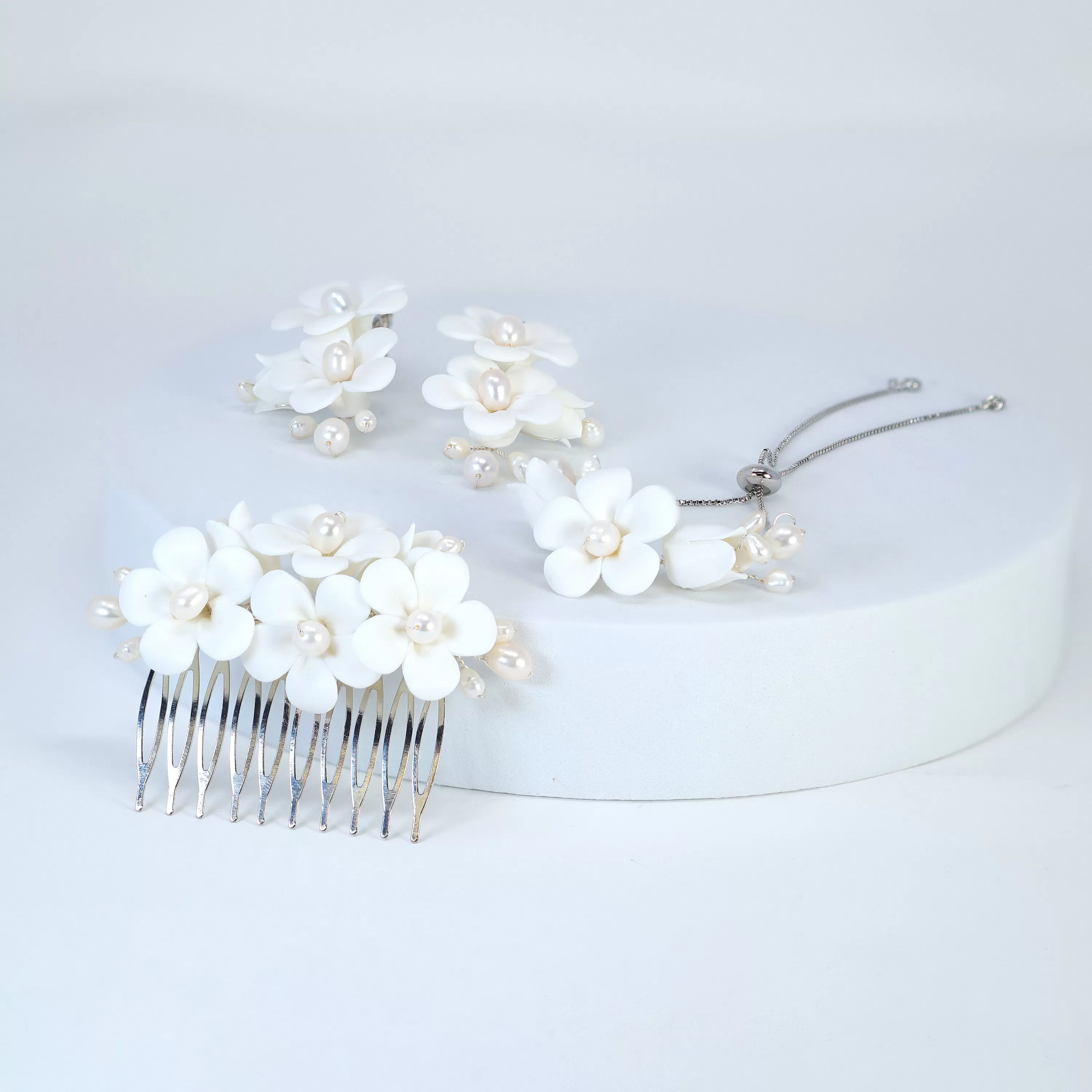 Natural Pearl Ray Of Shine Porcelain Comb, Ceramic White Flower Long Bridal Earrings Statement Earrings Cz