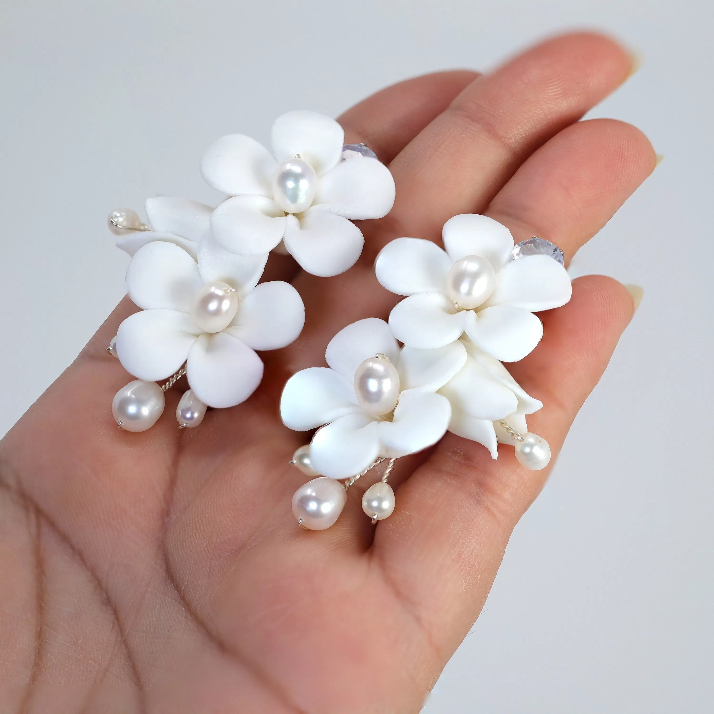 Natural Pearl Ray Of Shine Porcelain Comb, Ceramic White Flower Long Bridal Earrings Statement Earrings Cz