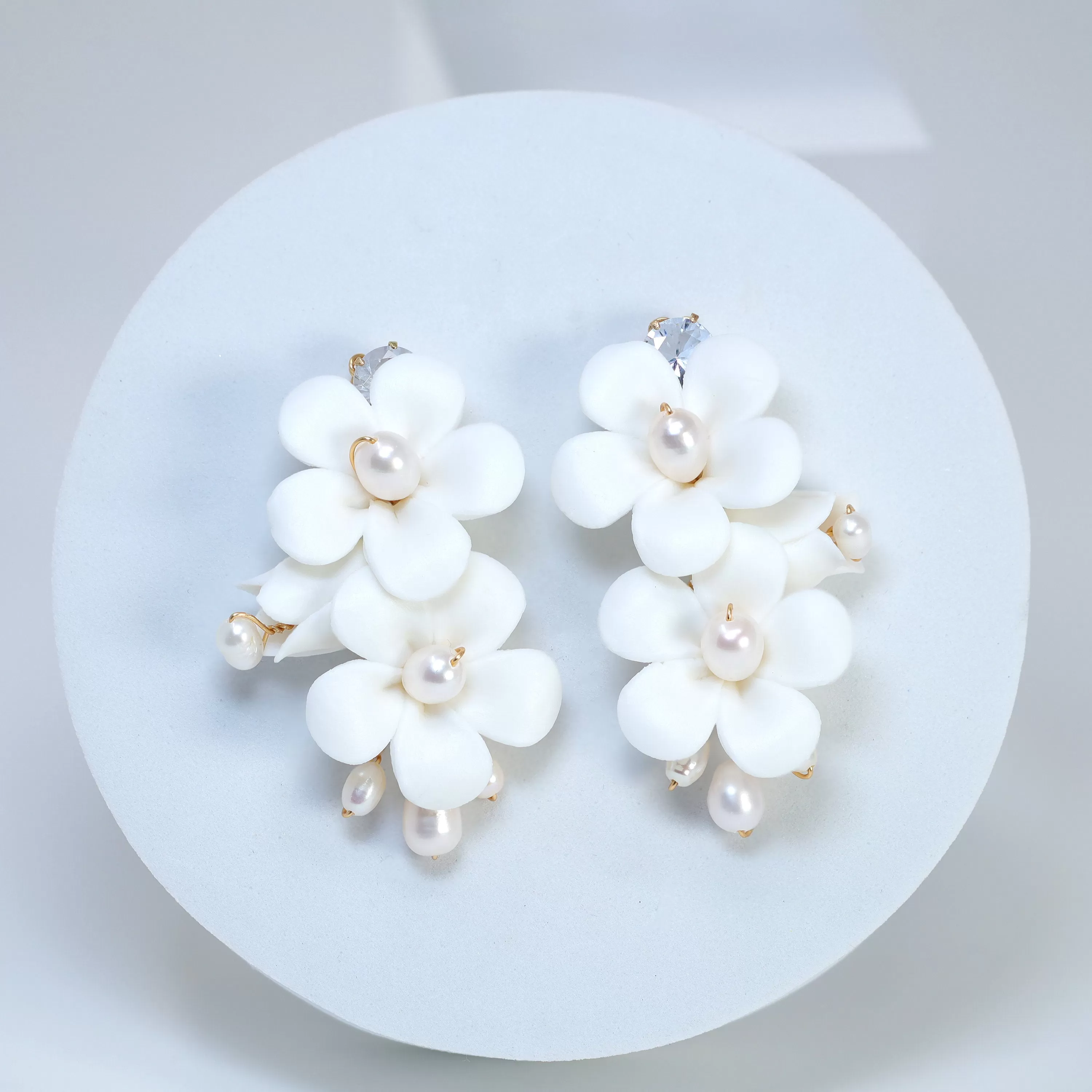 Natural Pearl Ray Of Shine Porcelain Comb, Ceramic White Flower Long Bridal Earrings Statement Earrings Cz