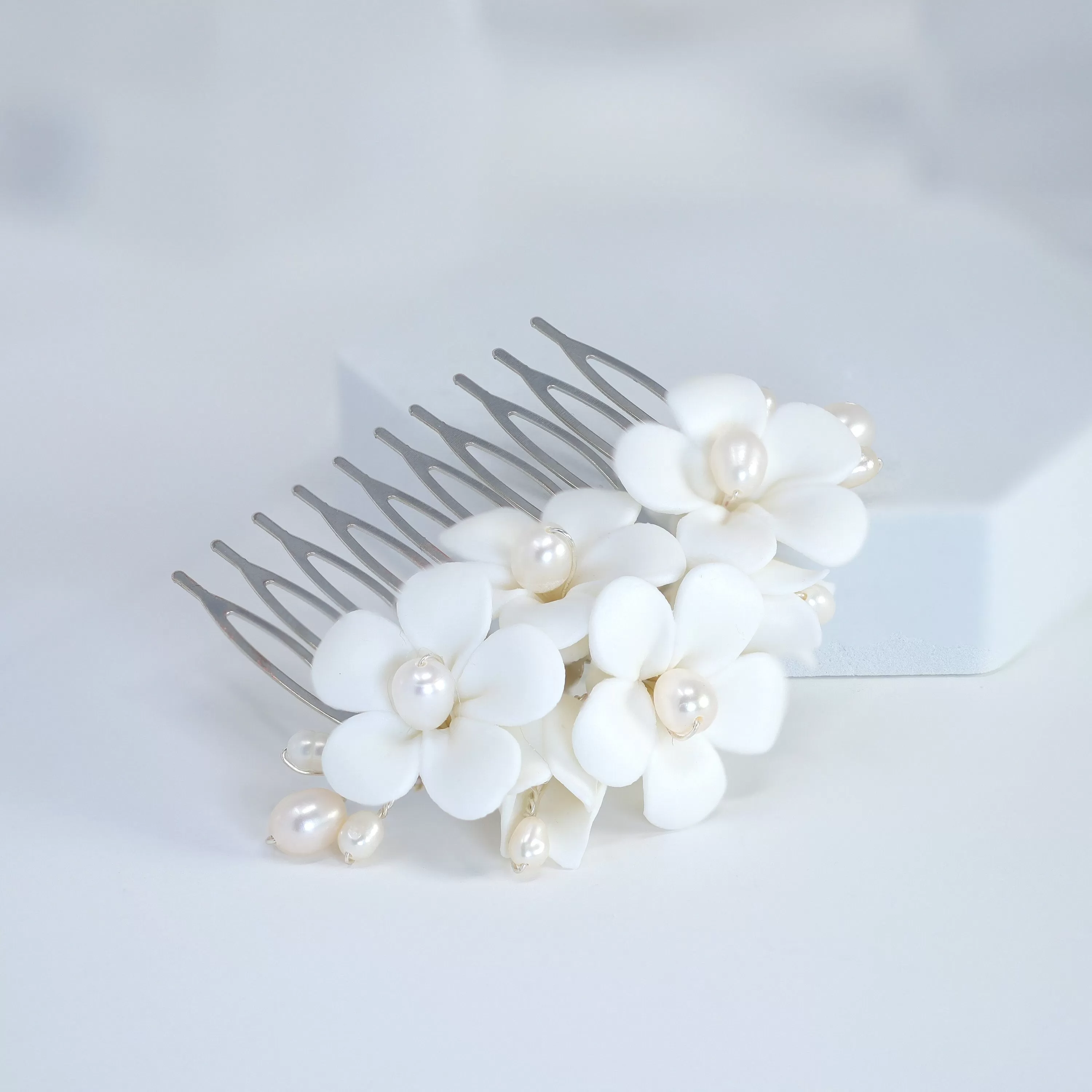 Natural Pearl Ray Of Shine Porcelain Comb, Ceramic White Flower Long Bridal Earrings Statement Earrings Cz