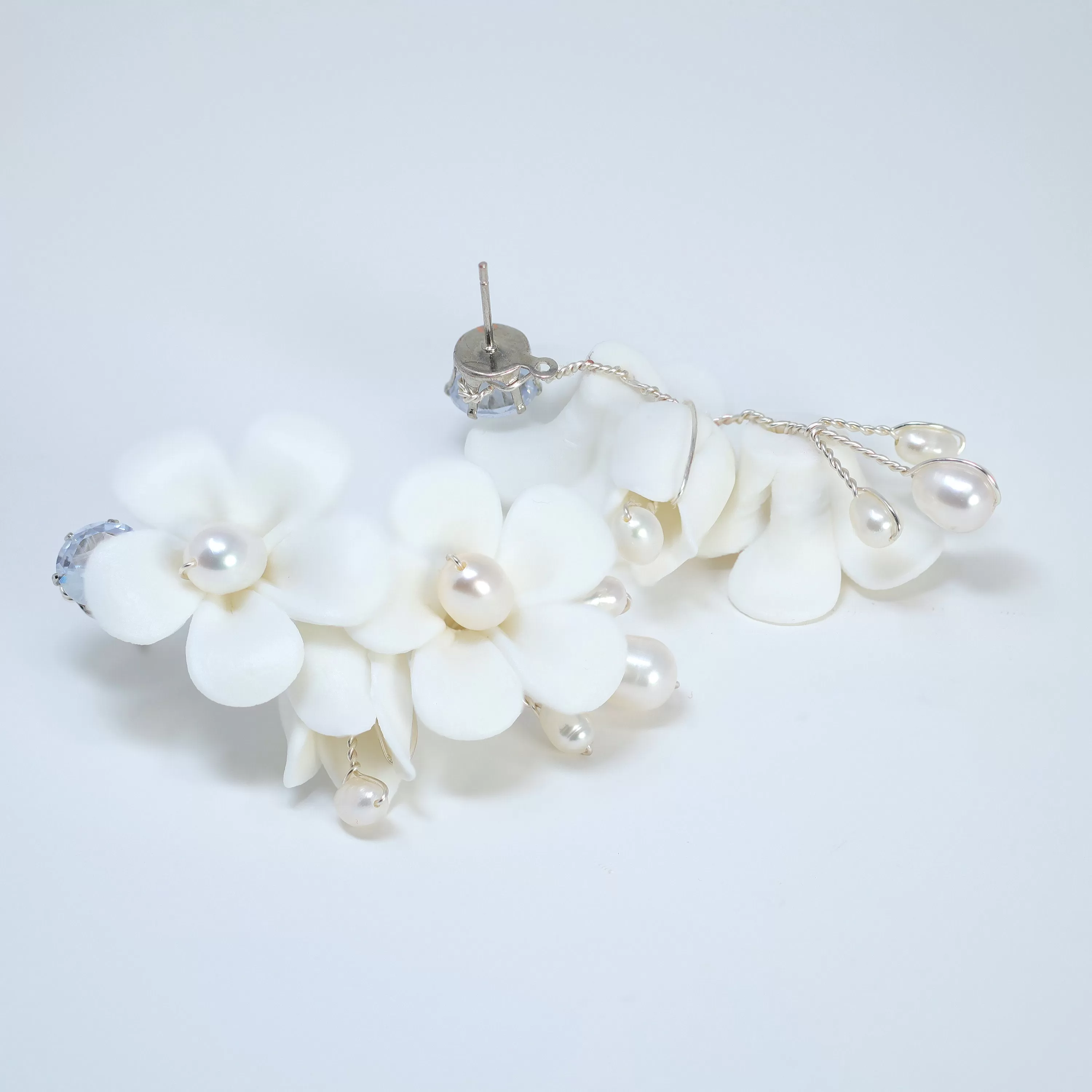 Natural Pearl Ray Of Shine Porcelain Comb, Ceramic White Flower Long Bridal Earrings Statement Earrings Cz