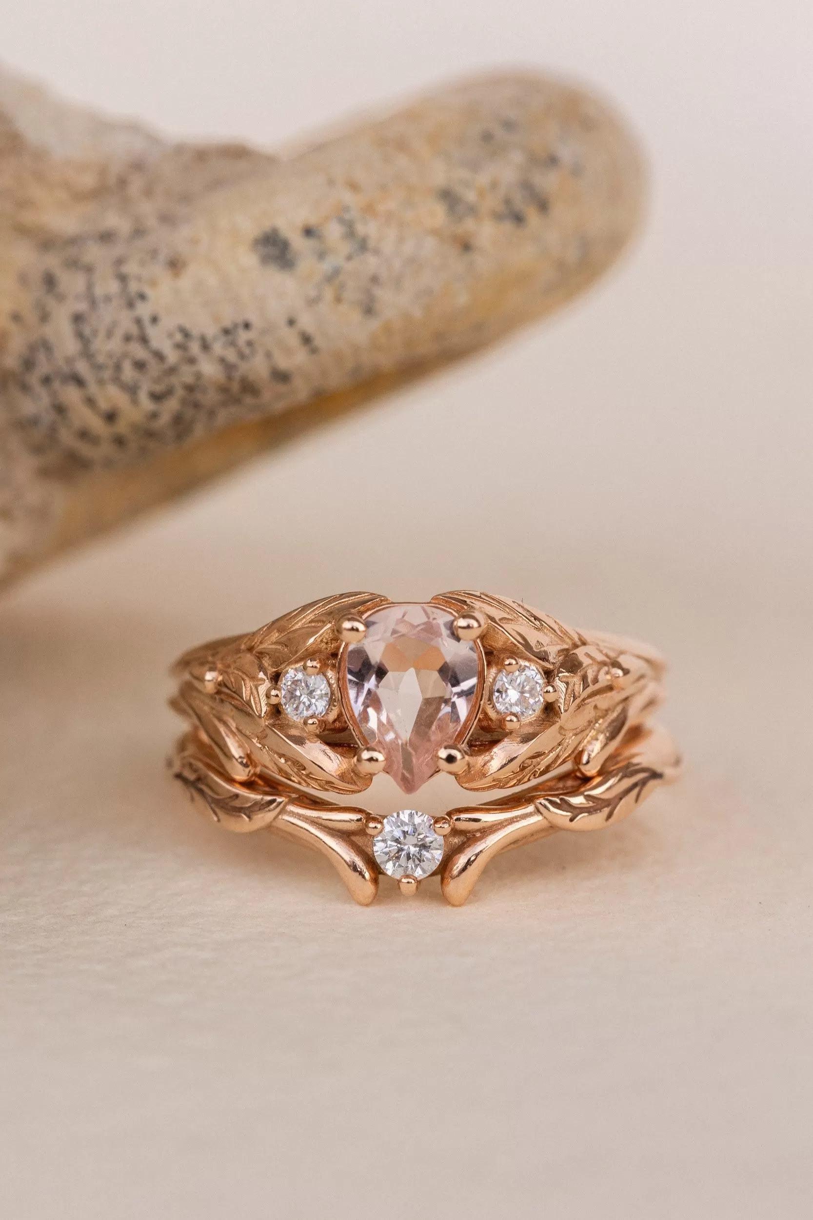 Natural rose morganite and side diamonds rose gold bridal ring set / Wisteria