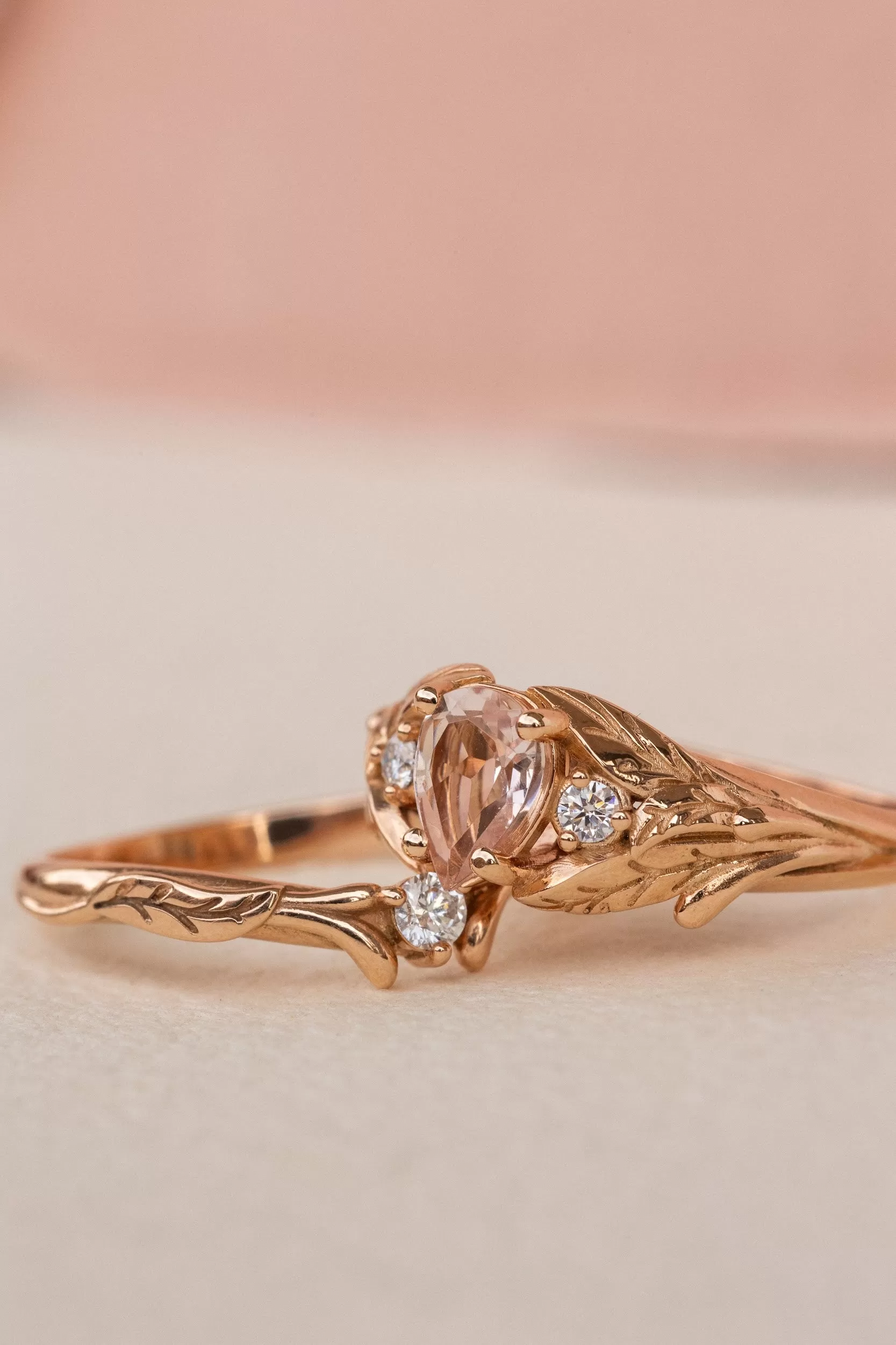 Natural rose morganite and side diamonds rose gold bridal ring set / Wisteria