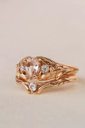 Natural rose morganite and side diamonds rose gold bridal ring set / Wisteria