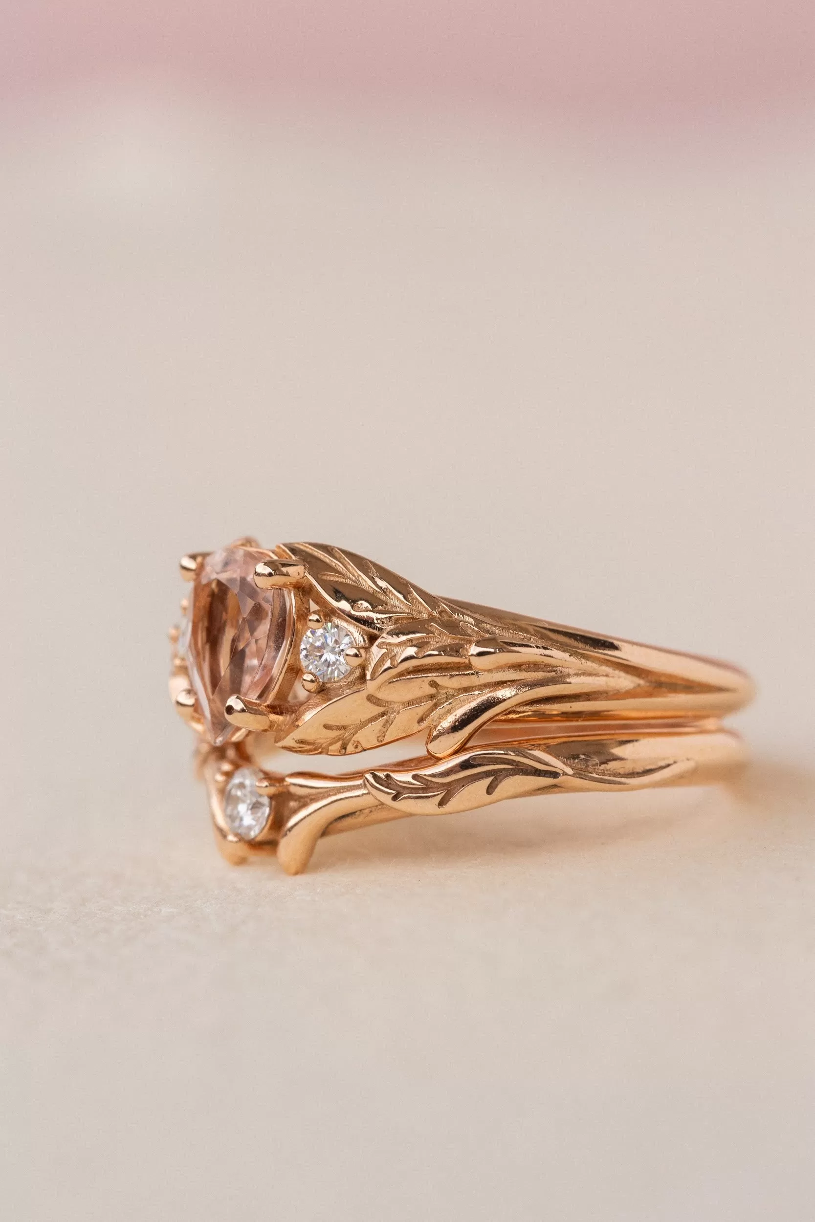 Natural rose morganite and side diamonds rose gold bridal ring set / Wisteria