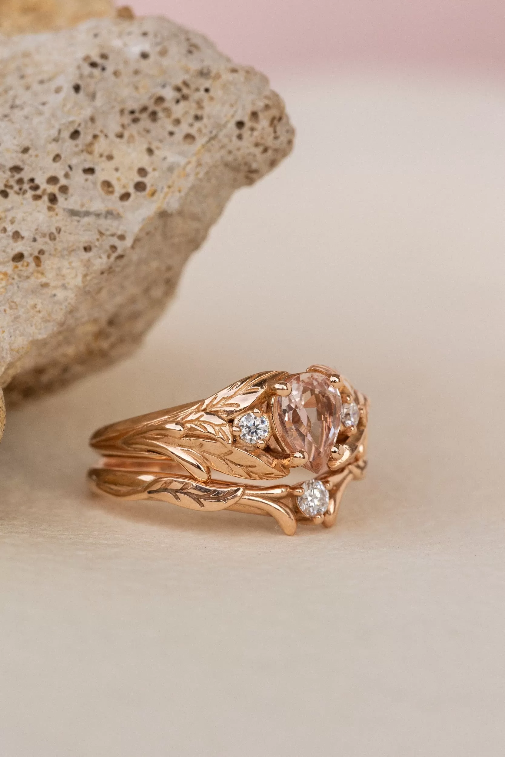 Natural rose morganite and side diamonds rose gold bridal ring set / Wisteria