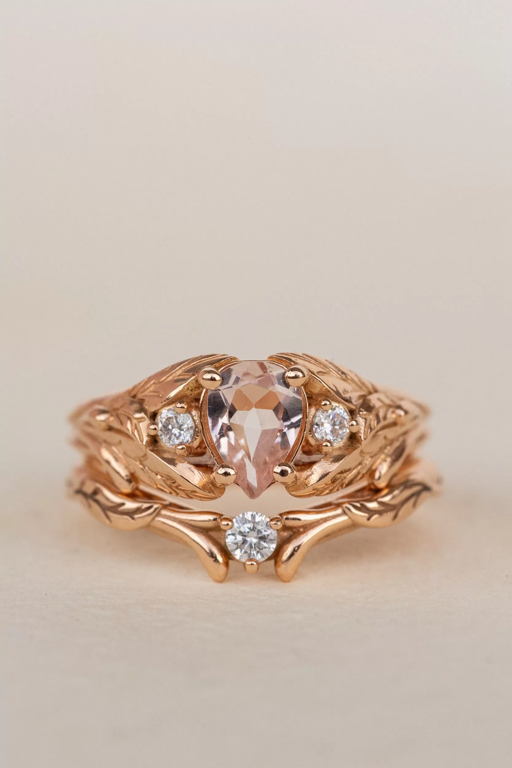 Natural rose morganite and side diamonds rose gold bridal ring set / Wisteria