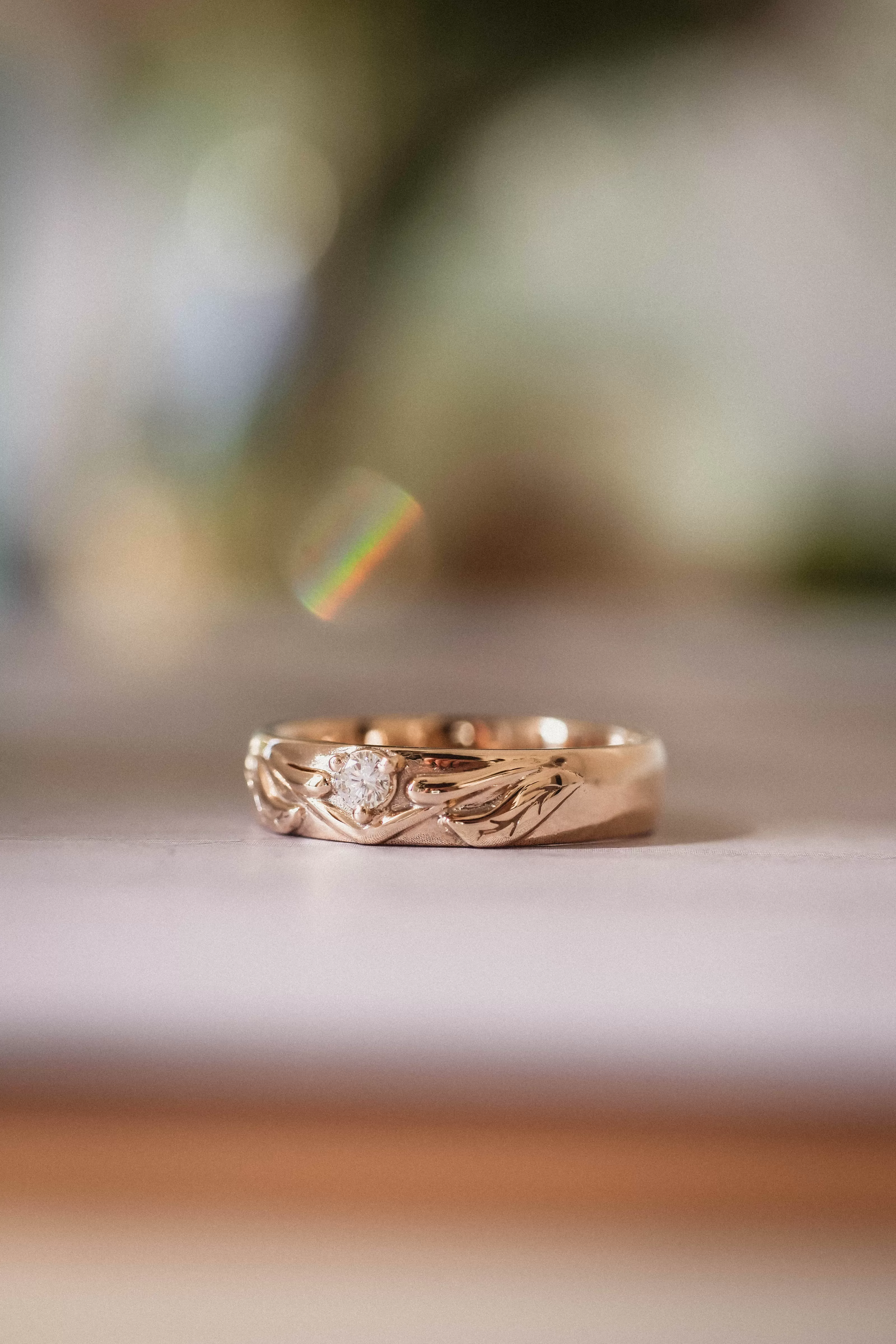 Nature wedding band with diamond / Wisteria