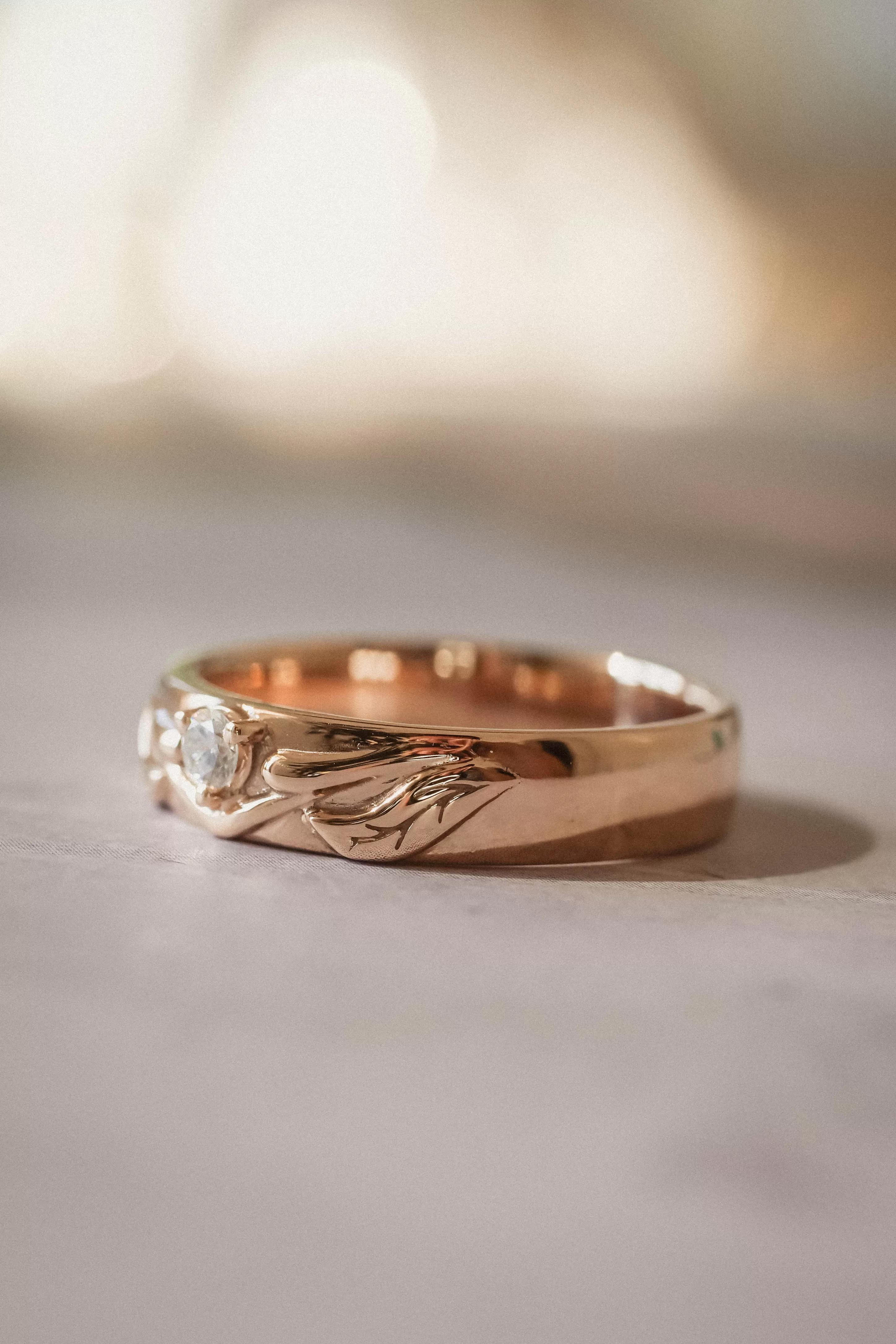 Nature wedding band with diamond / Wisteria