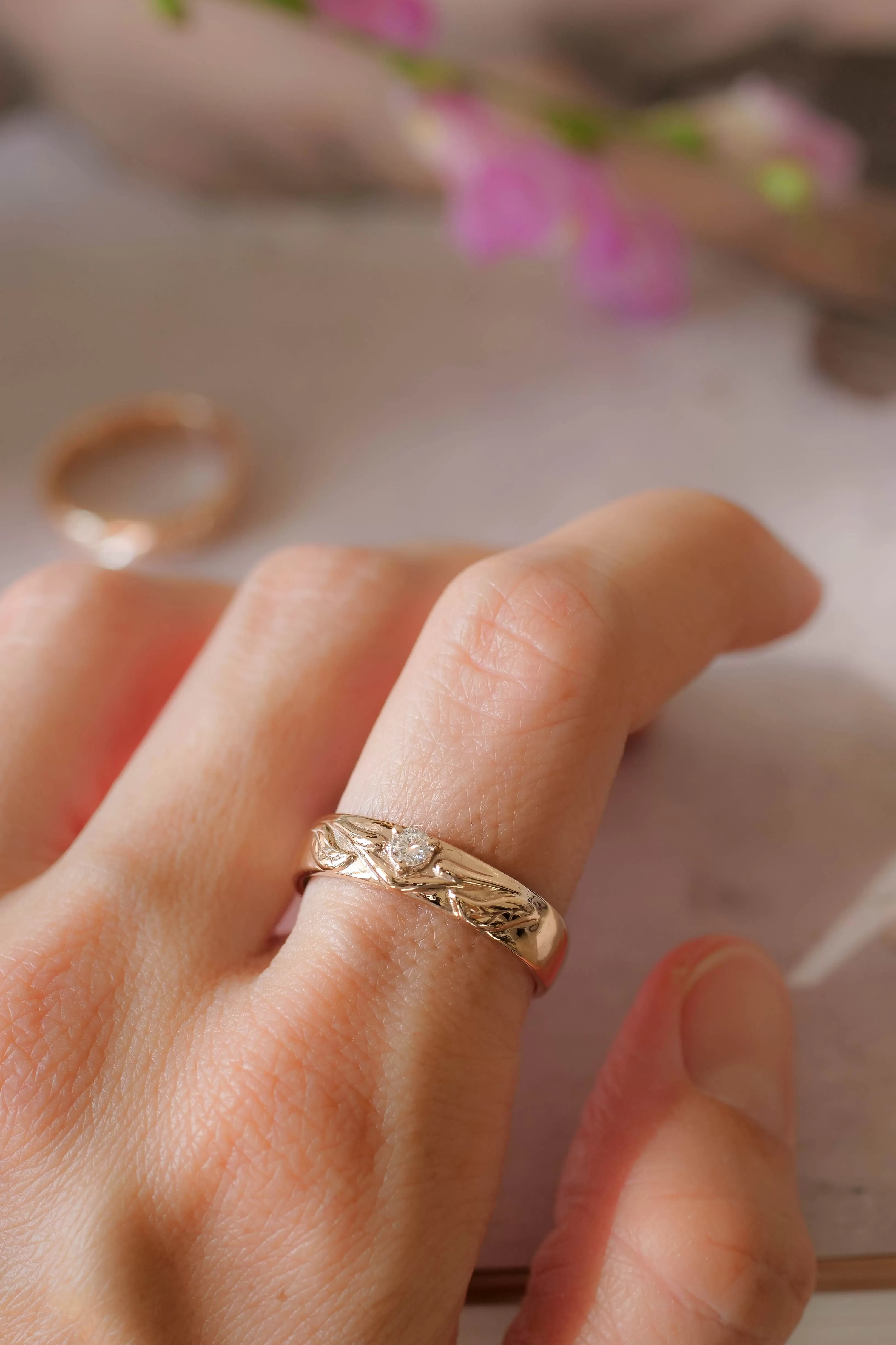 Nature wedding band with diamond / Wisteria