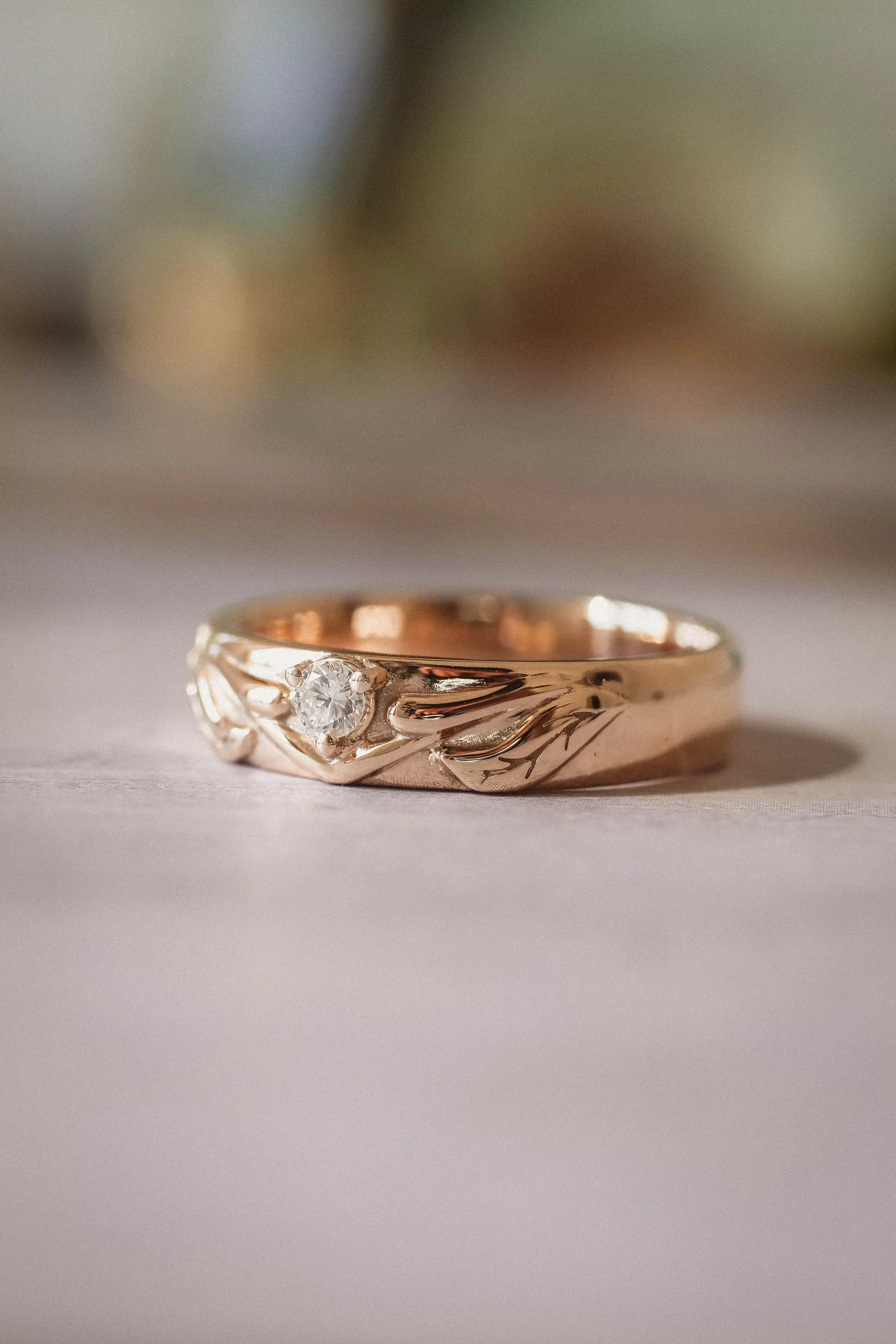 Nature wedding band with diamond / Wisteria