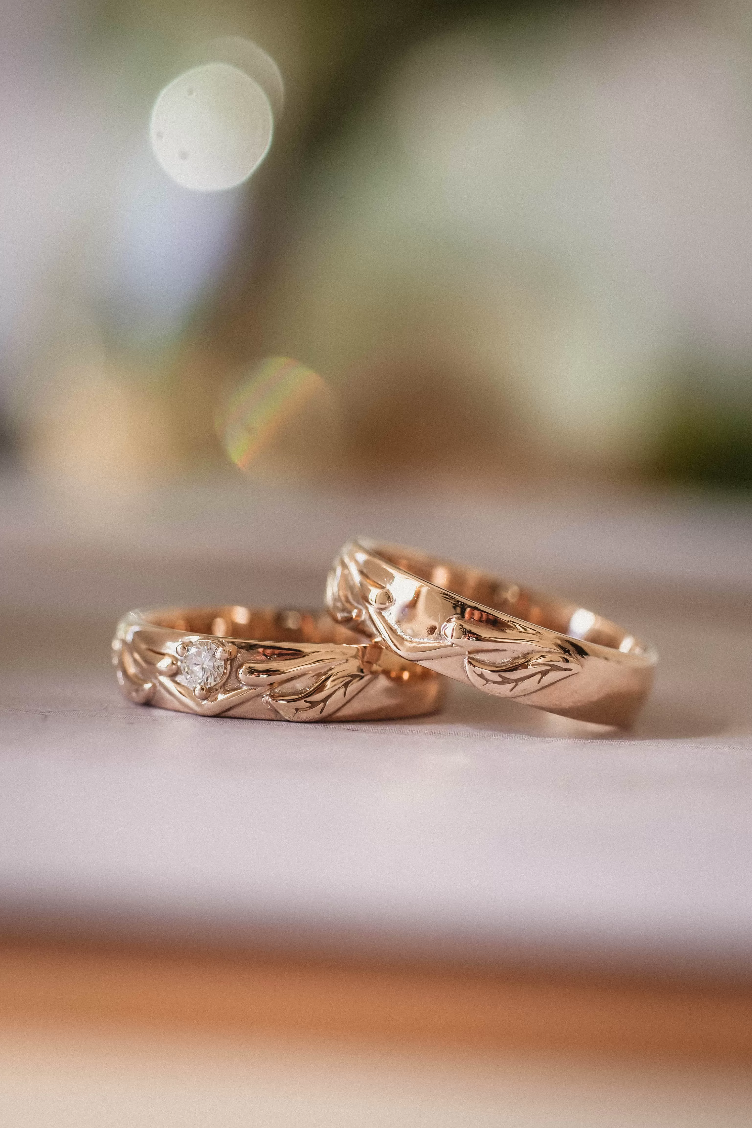 Nature wedding band with diamond / Wisteria