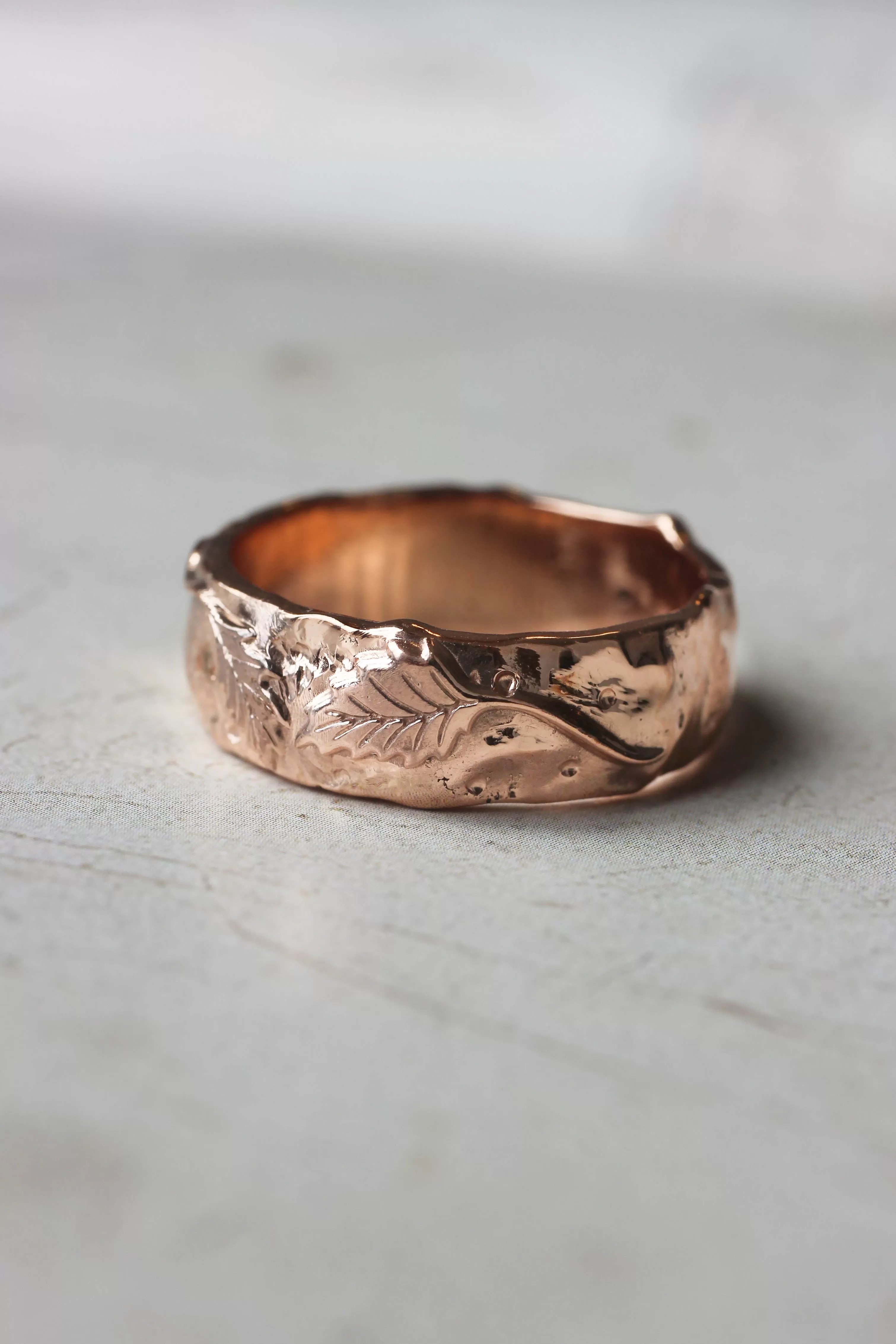 Nature wedding bands set: wide ring for him, rose flower ring for her