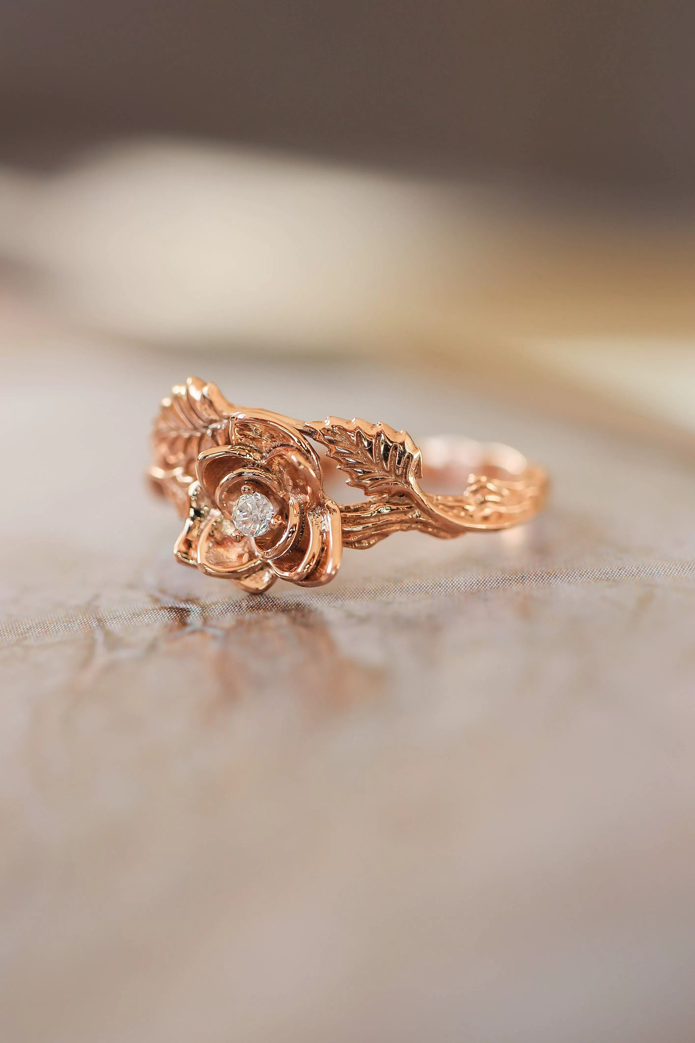 Nature wedding bands set: wide ring for him, rose flower ring for her