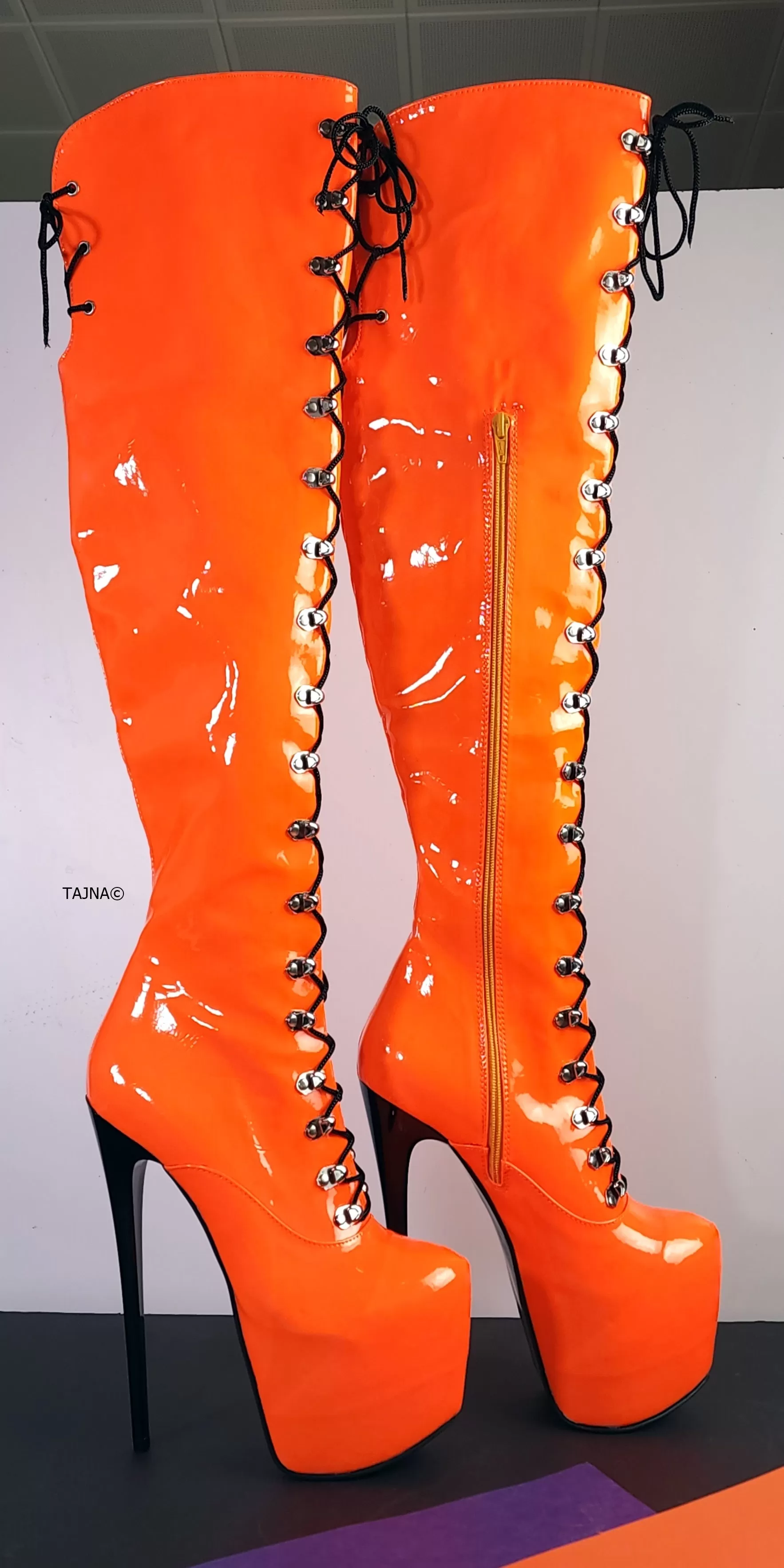 Orange Neon Gloss Military Style High Heel Boots