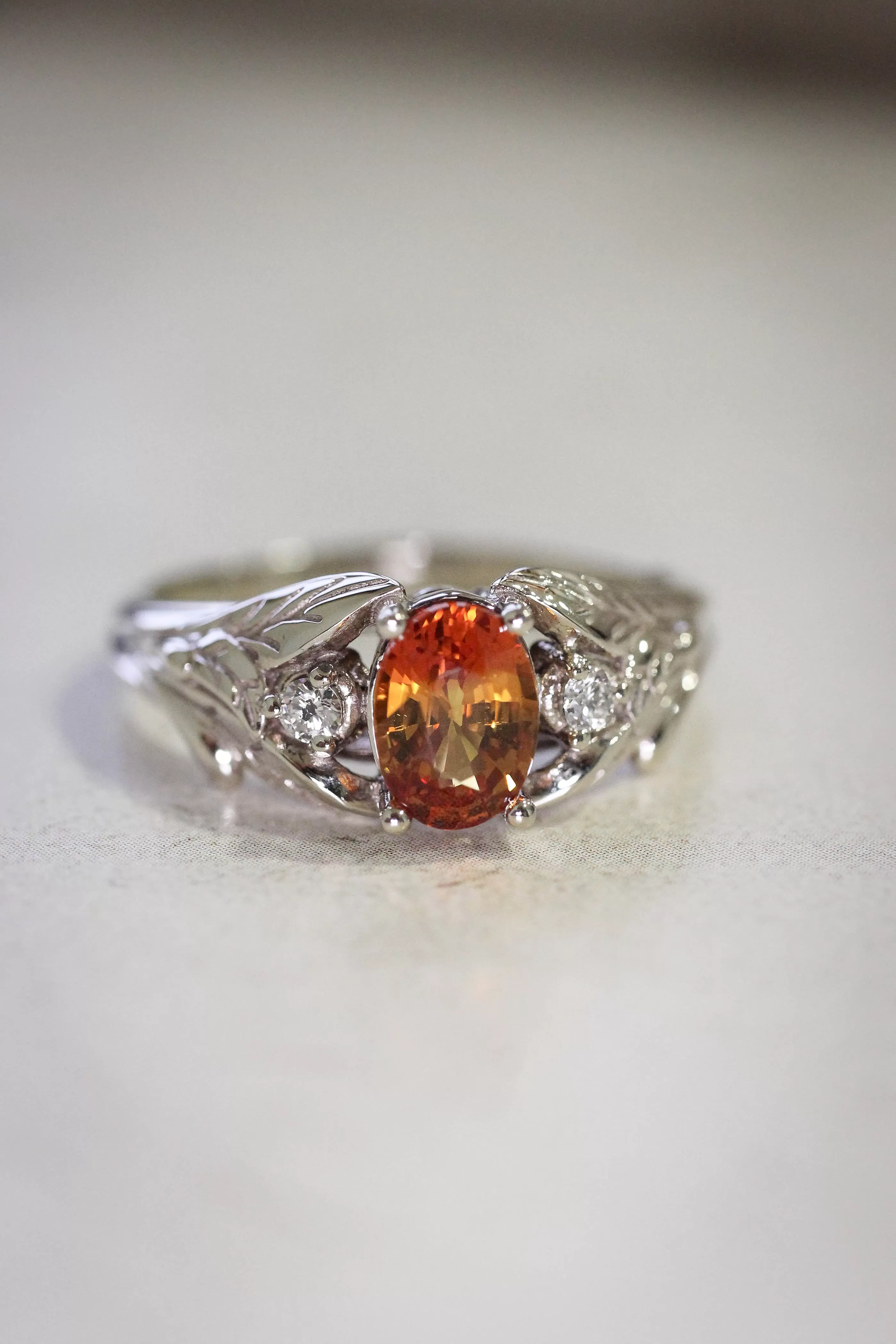 Orange sapphire engagement ring with diamonds, leaf engagement ring / Wisteria