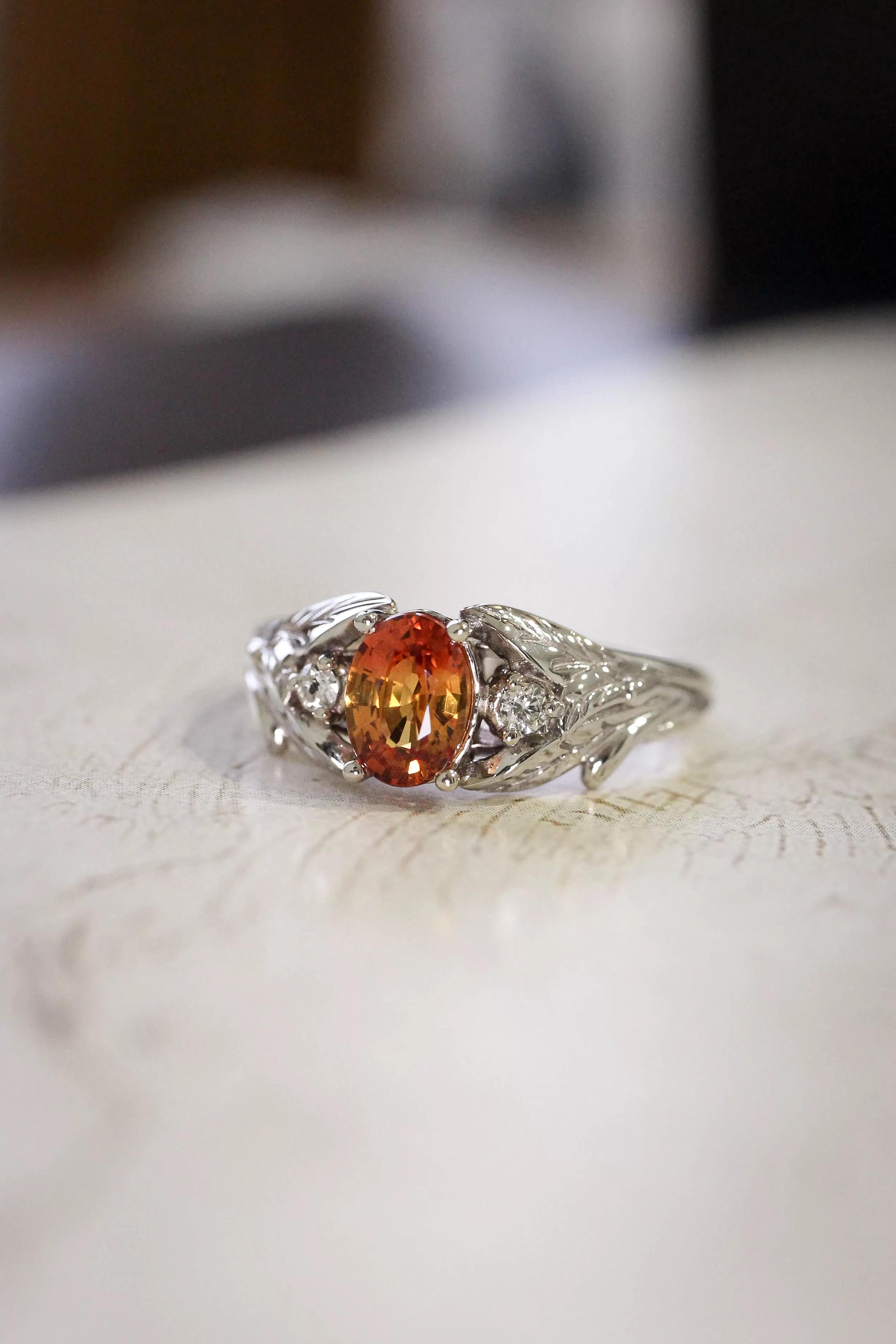 Orange sapphire engagement ring with diamonds, leaf engagement ring / Wisteria