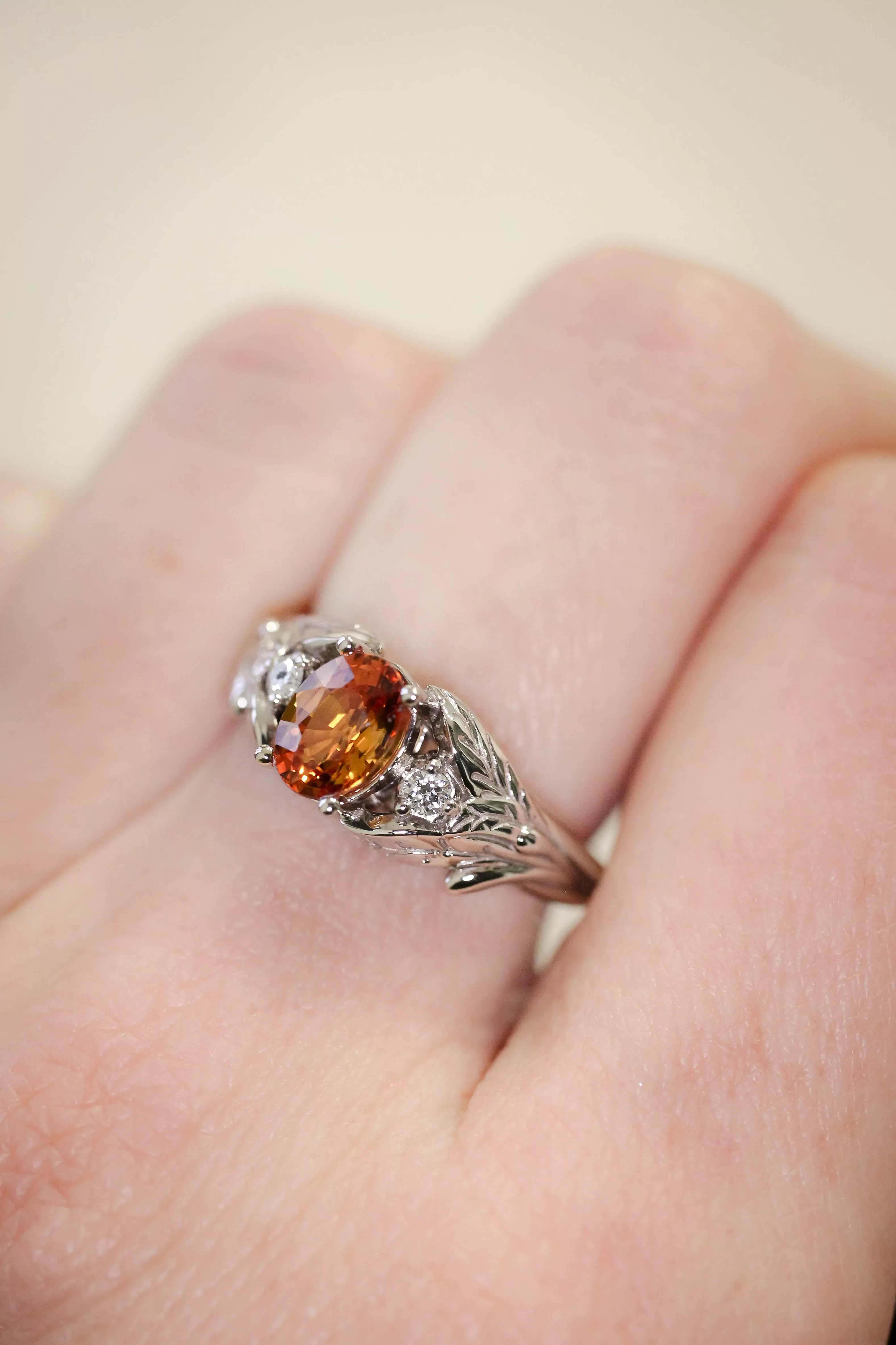 Orange sapphire engagement ring with diamonds, leaf engagement ring / Wisteria