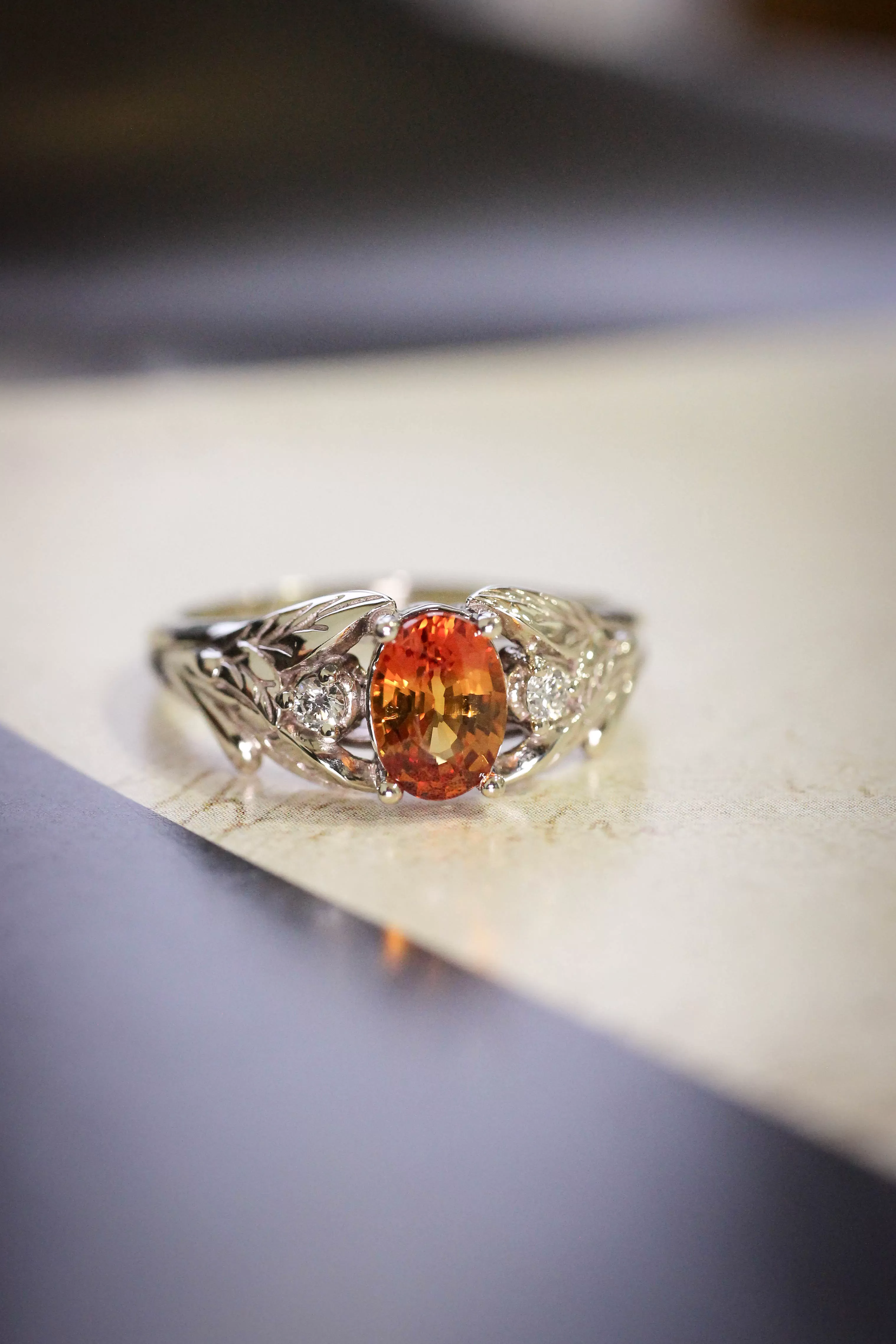 Orange sapphire engagement ring with diamonds, leaf engagement ring / Wisteria