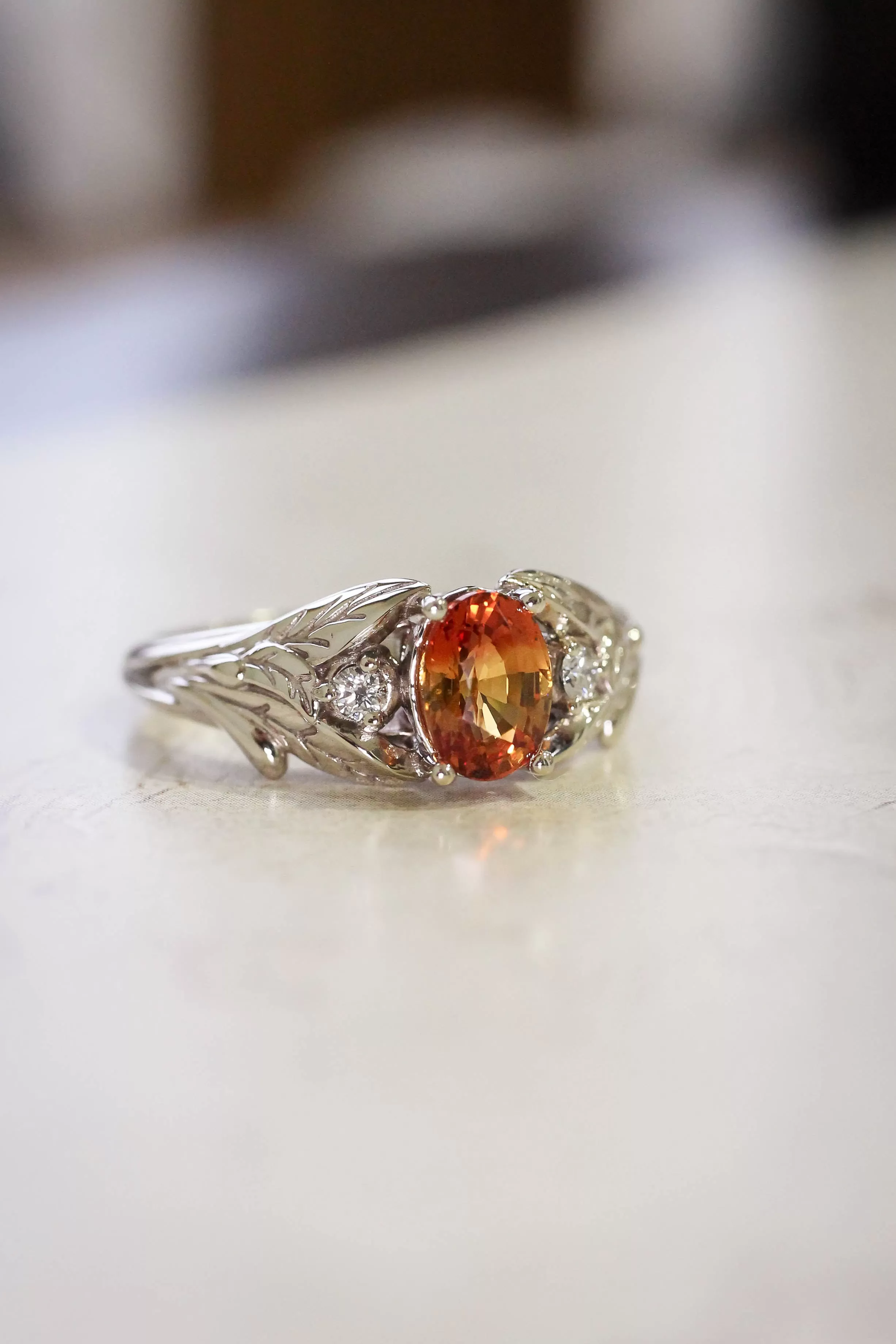 Orange sapphire engagement ring with diamonds, leaf engagement ring / Wisteria