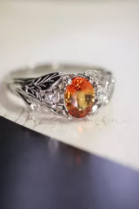 Orange sapphire engagement ring with diamonds, leaf engagement ring / Wisteria