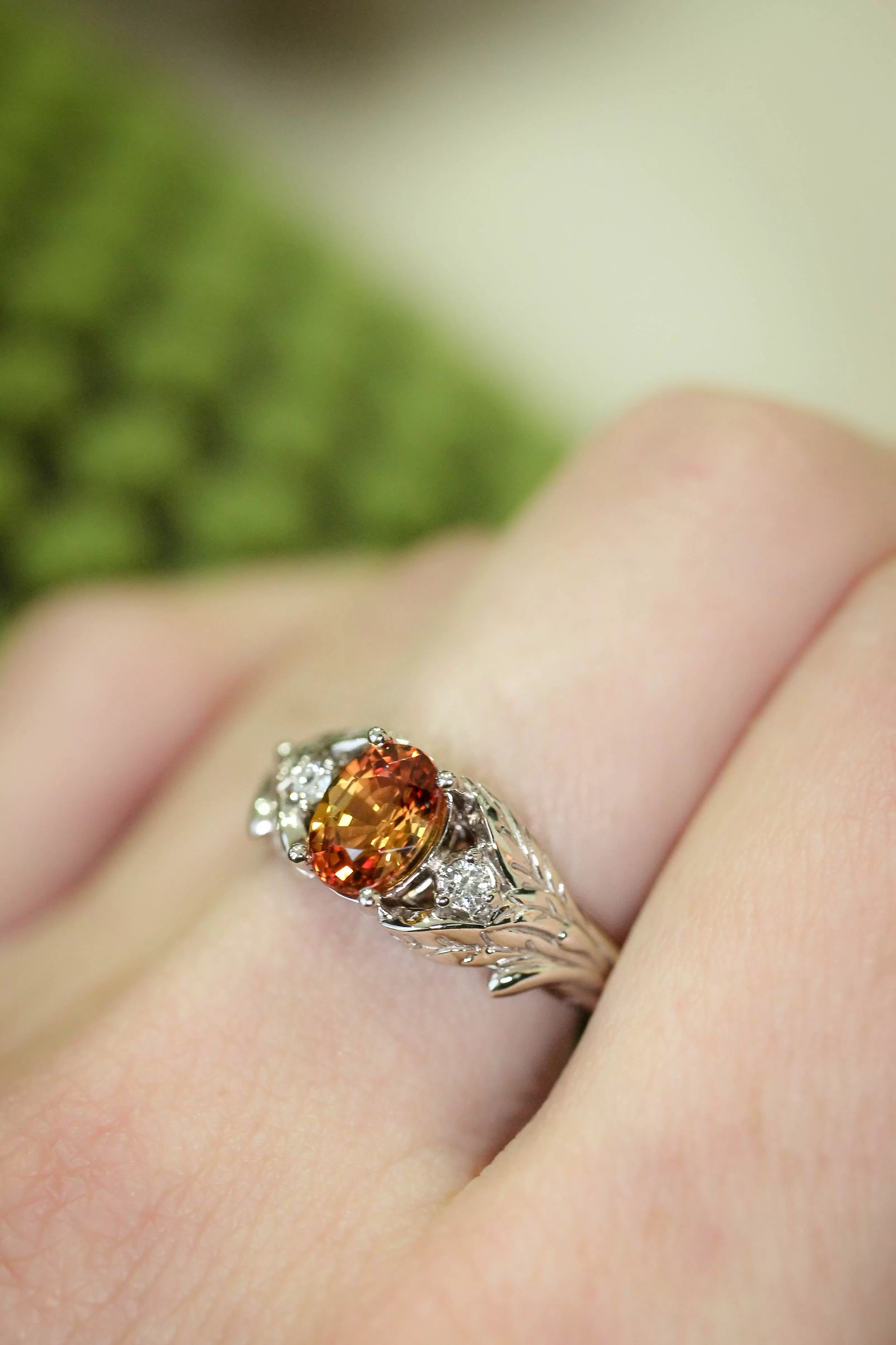 Orange sapphire engagement ring with diamonds, leaf engagement ring / Wisteria