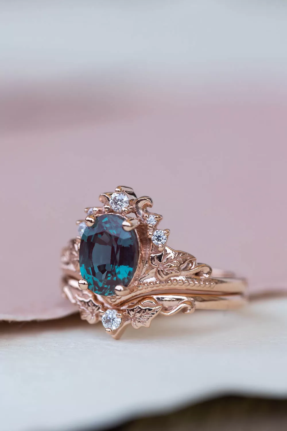 Oval alexandrite engagement ring set, ivy leaves bridal ring set with diamonds  / Ariadne