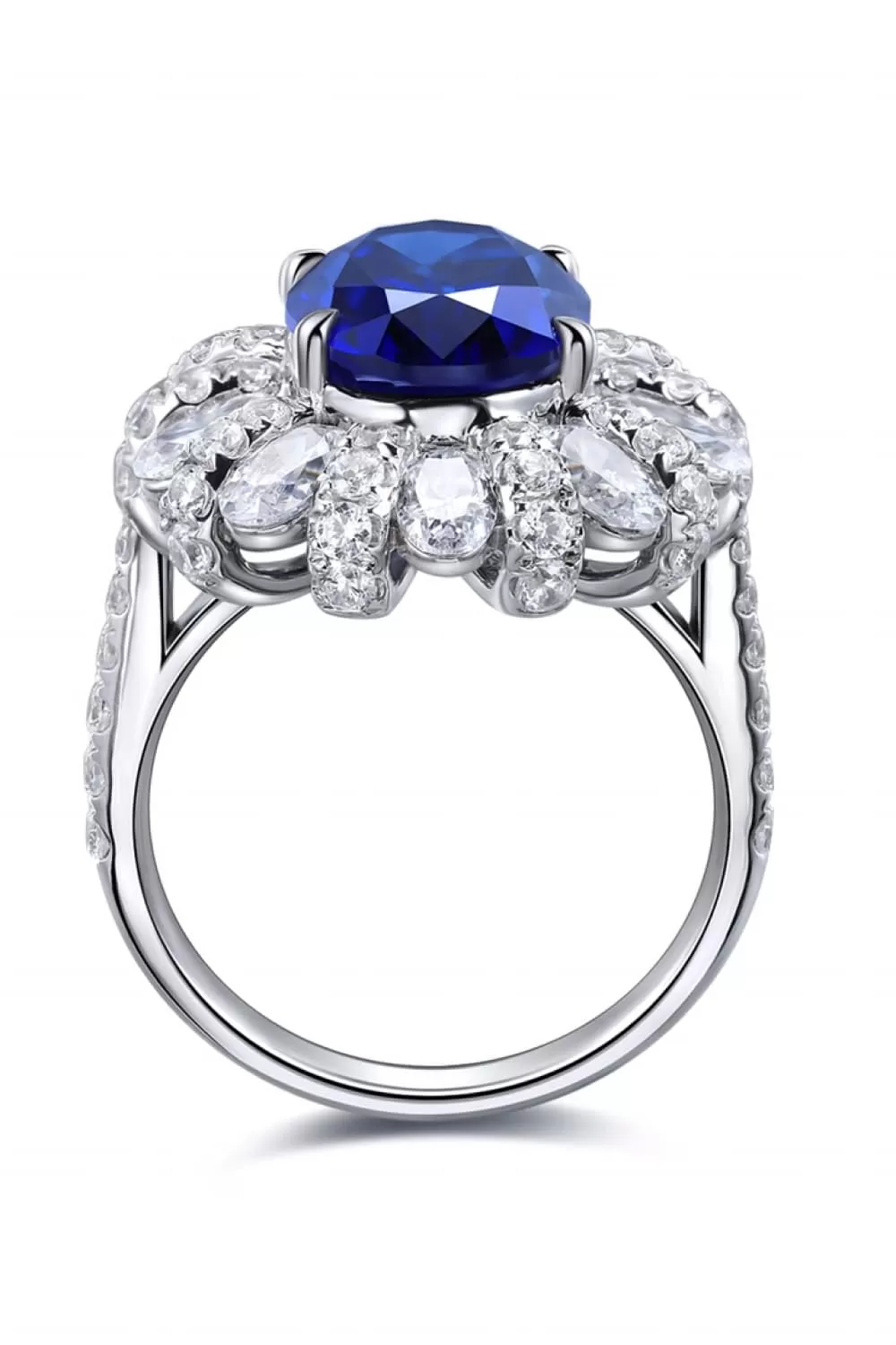 Oval Sapphire in Flower Shape CZ Ring