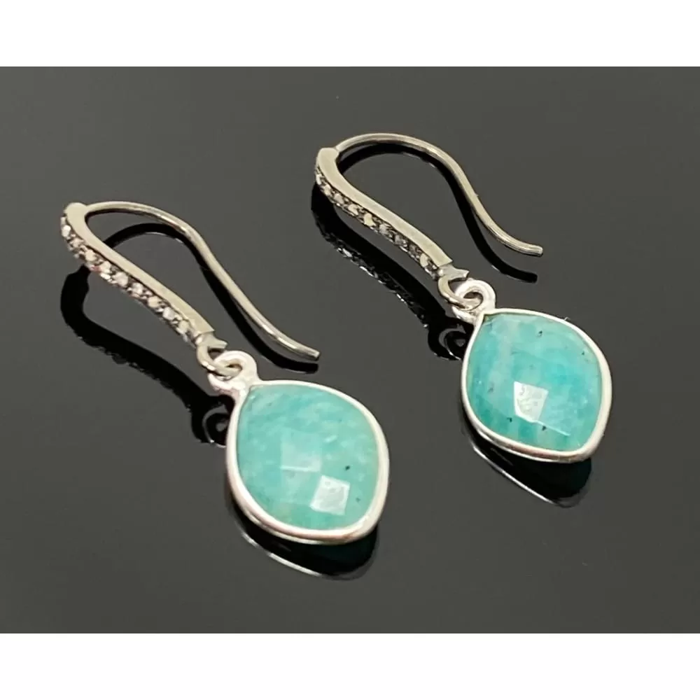 Peruvian Amazonite  Earrings, Pave Diamond Earrings, Sterling Silver