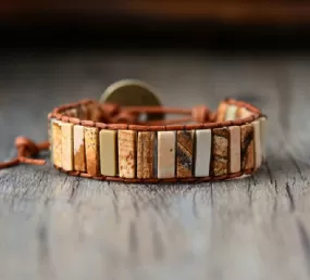 Picture Jasper Tubestone Leather Wrap Bracelet (Unisex)