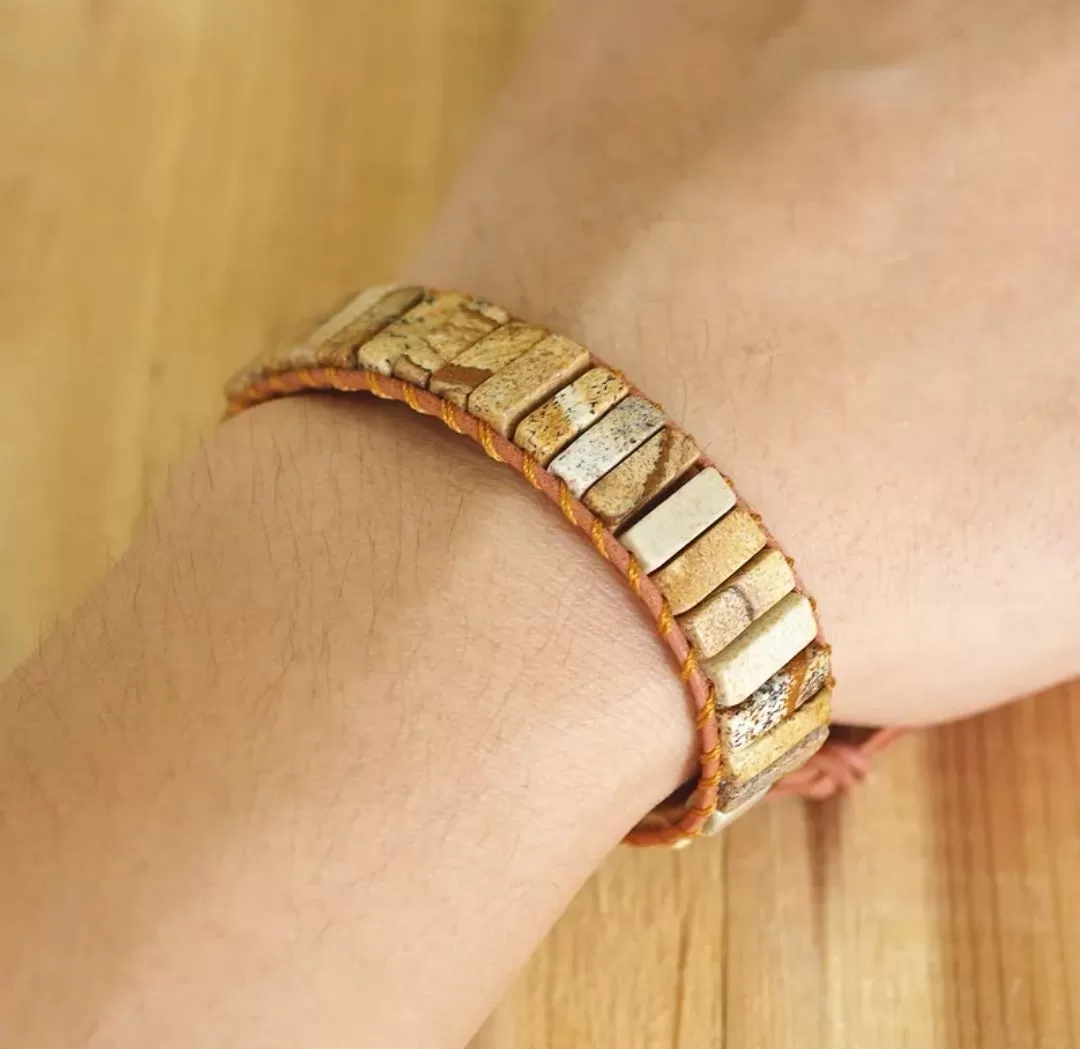 Picture Jasper Tubestone Leather Wrap Bracelet (Unisex)